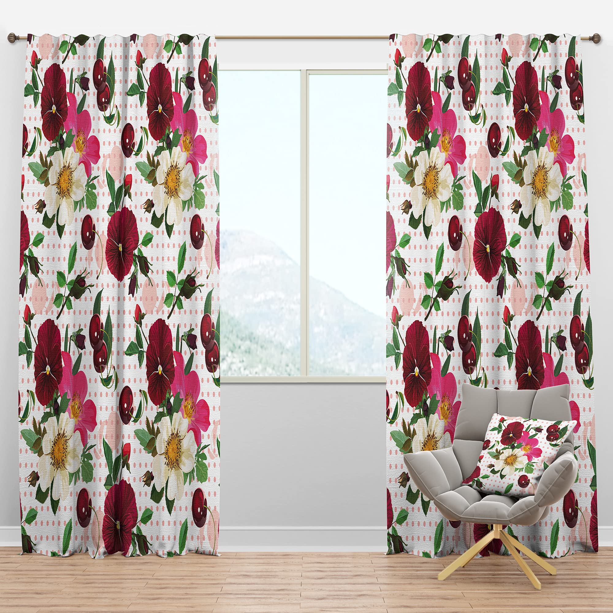 DesignQ Blackout Curtains - Thermal Insulated Single Panel (52x120 Inches) - Floral Pink Dotted Pattern with Pansies, Cherries & Roses for Bedroom & Living Room - Energy Saving, Noise Reducing & Light Blocking Window Treatments for Home Decor
