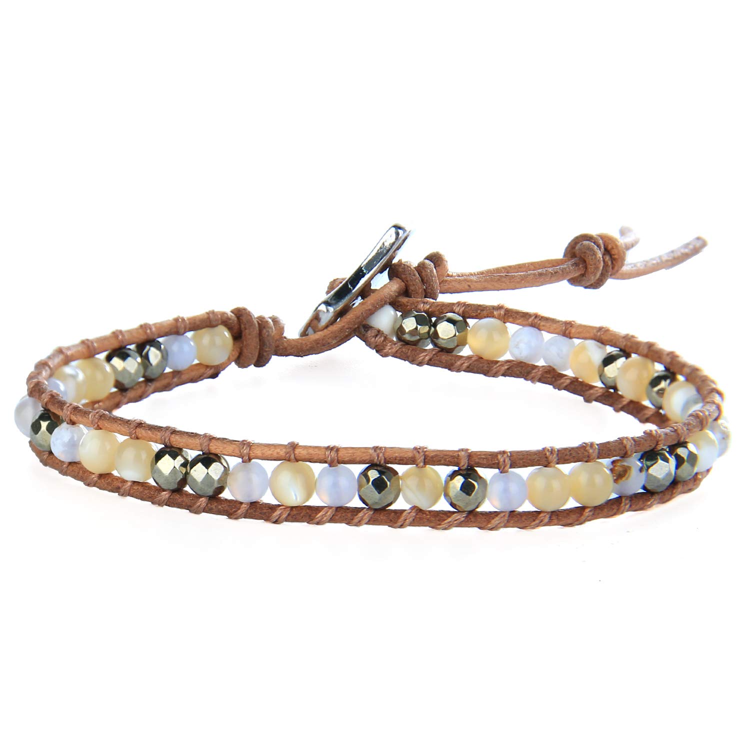 Handmade Bohemian Leather Wrap Bracelet for Women - Mother of Pearl & Beaded Friendship Bracelet, Classic Khaki Jewelry Gift for Best Friends | Perfect for Casual Wear, Boho Outfits & Special Occasions