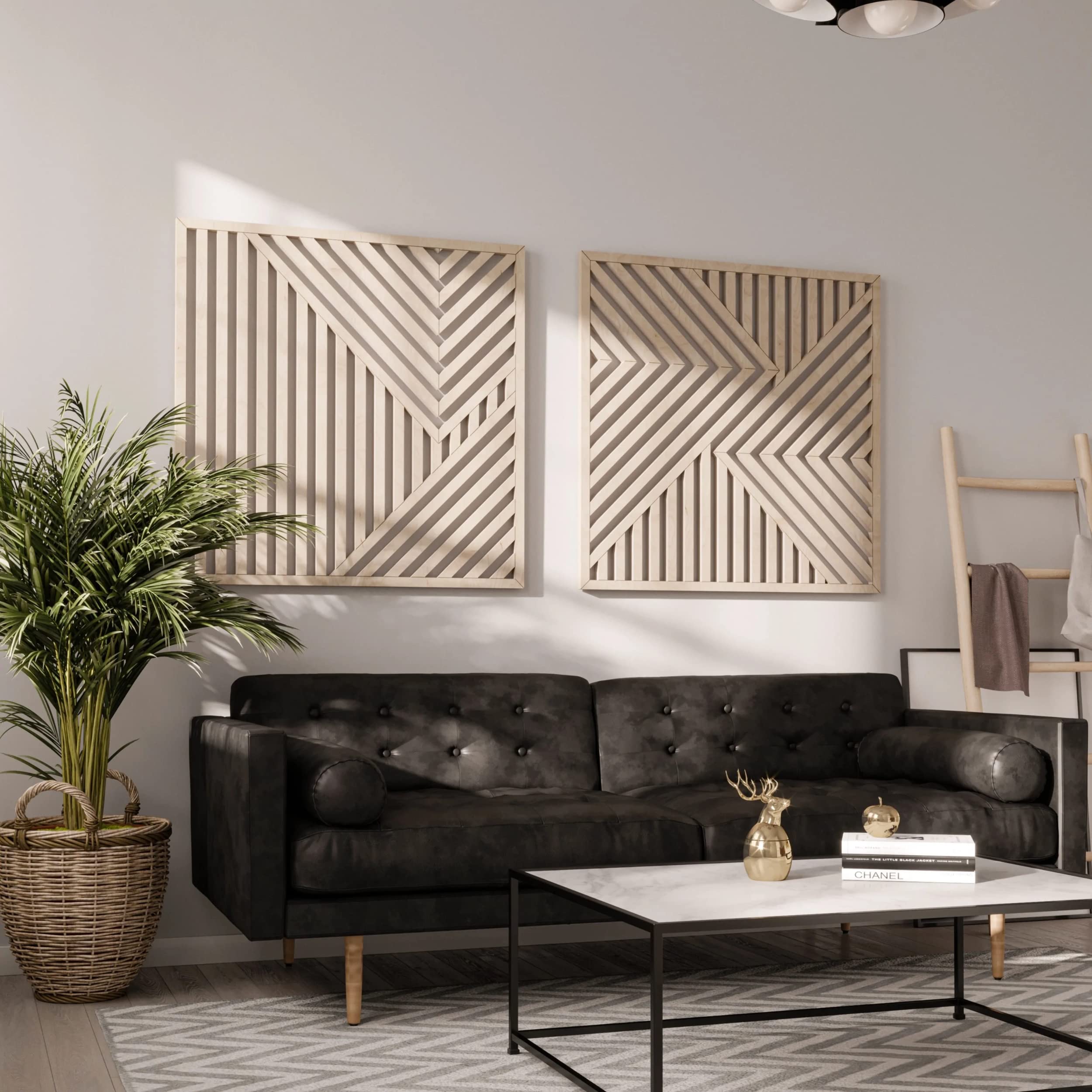 Modern Wood Wall Art Set of 2 - Abstract Rustic Wooden Panels for Home & Office Decor - 22