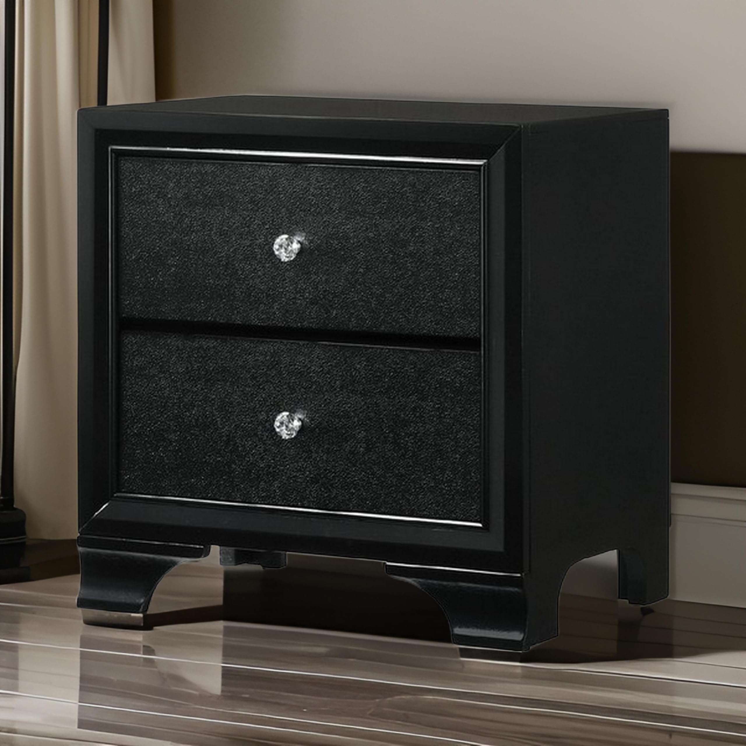Benjara 2 Drawer Wooden Nightstand with Textured Details and Crystal Pulls - Black Finish for Bedroom, Living Room, or Guest Room - Stylish and Functional Bedside Table with Storage