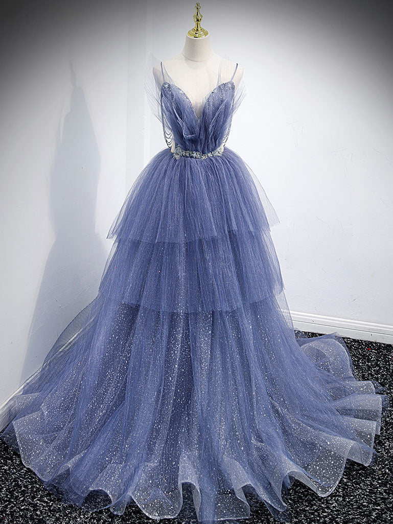 Elegant Blue V-Neck Tulle Sequin Long Prom Dress - Formal Evening Gown for Homecoming, Ball & Special Occasions
