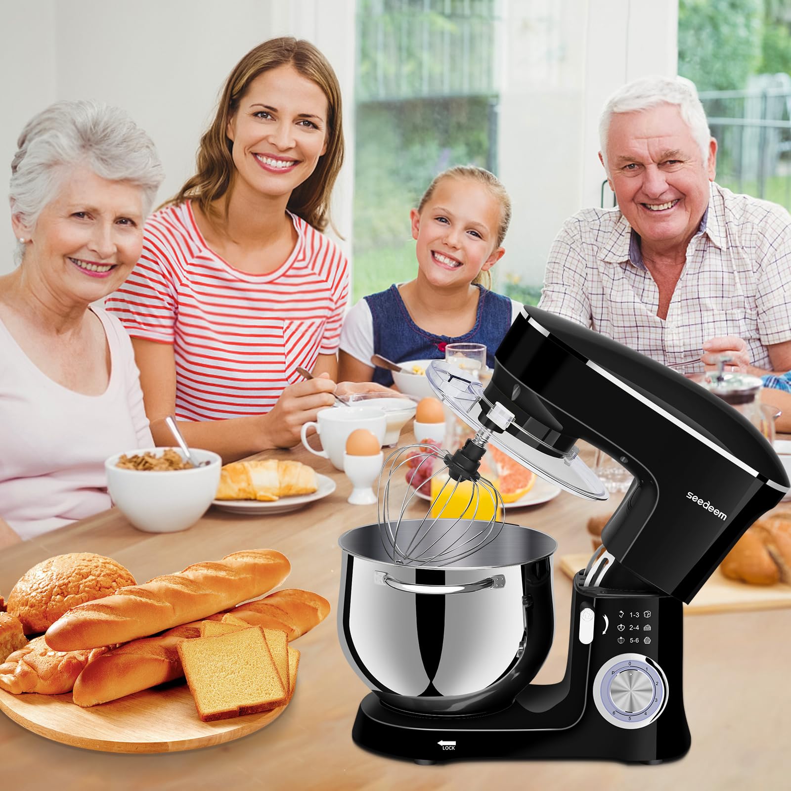 SEEDEEM 8.5 Qt 660W Stand Mixer with 6+ Speeds - Tilt-Head Electric Kitchen Mixer with Dishwasher-Safe Dough Hook, Wire Whip & Beater - Perfect for Baking, Dough Mixing & Daily Cooking - Black