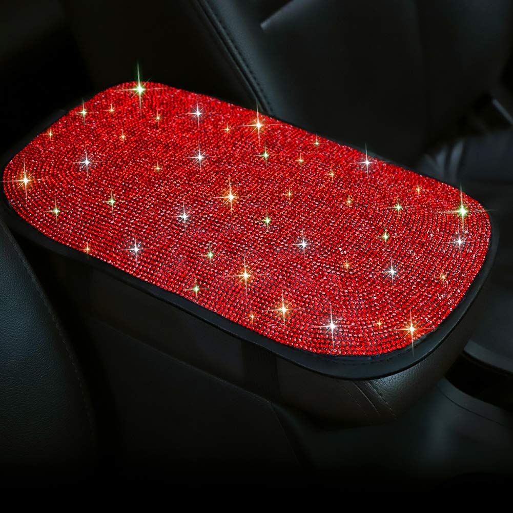 OTOSTAR Bling Bling Crystal Car Armrest Cover - Universal Center Console Protector with Luster Finish - Red Auto Interior Accessories for Sedan, SUV & Truck - Perfect for Road Trips & Daily Commute