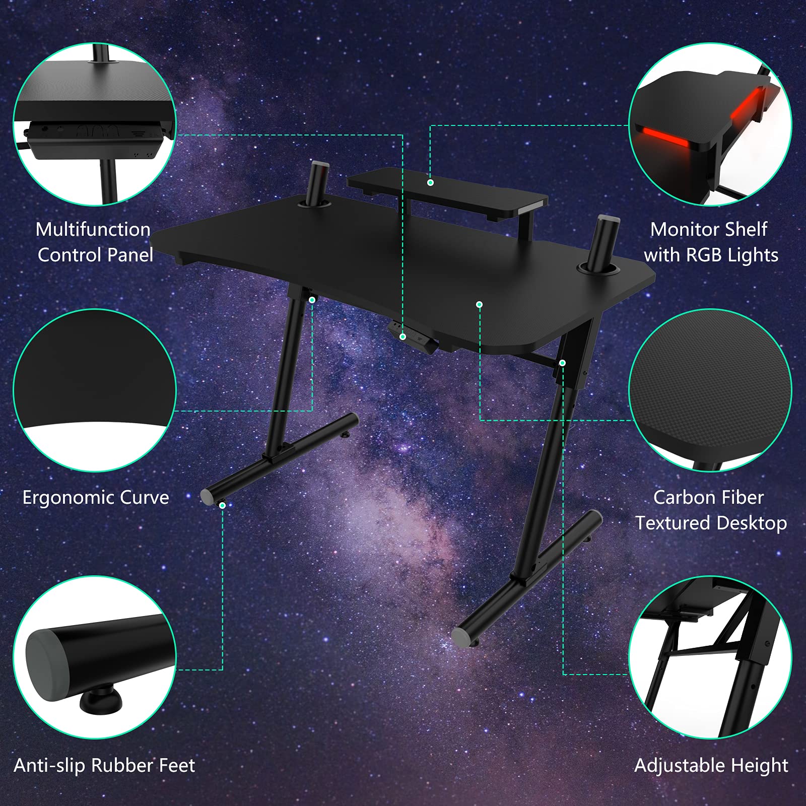 41 Inch Black Computer Gaming Desk with LED Lights & Monitor Stand - Adjustable PC Workstation for Home Office & Gaming Setup