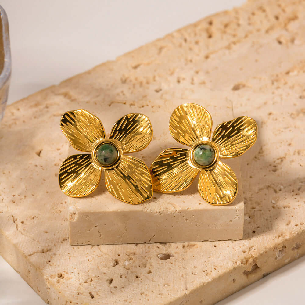 18K Gold Floral Turquoise Stud Earrings - Natural Stone Dainty Jewelry for Women | Perfect for Weddings, Parties & Everyday Elegance (JDE052)