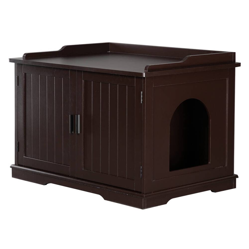 Hidden Storage Bench Cabinet for Large Cat Litter Box - Wooden Pet House with Double Doors, Brown - Perfect for Living Room, Bedroom, or Entryway Pet Furniture