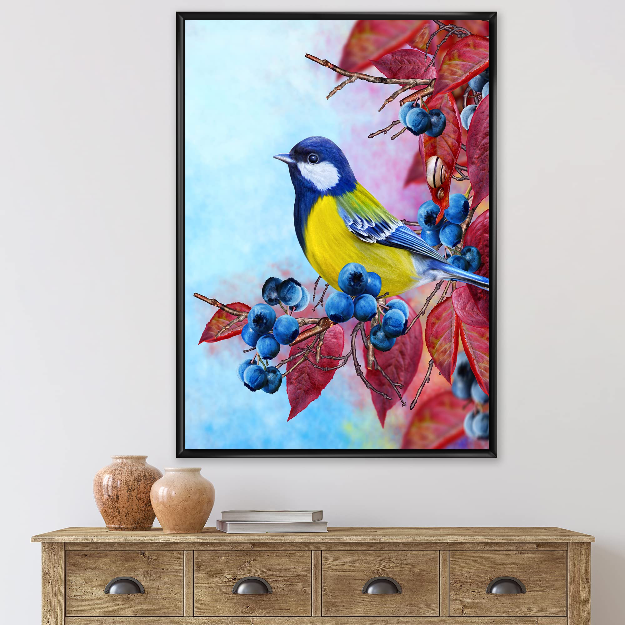 DesignQ Bright Bird Bullfinch Sitting on A Branch II - Traditional Framed Canvas Wall Art Print - Perfect for Living Room, Bedroom & Office Decor