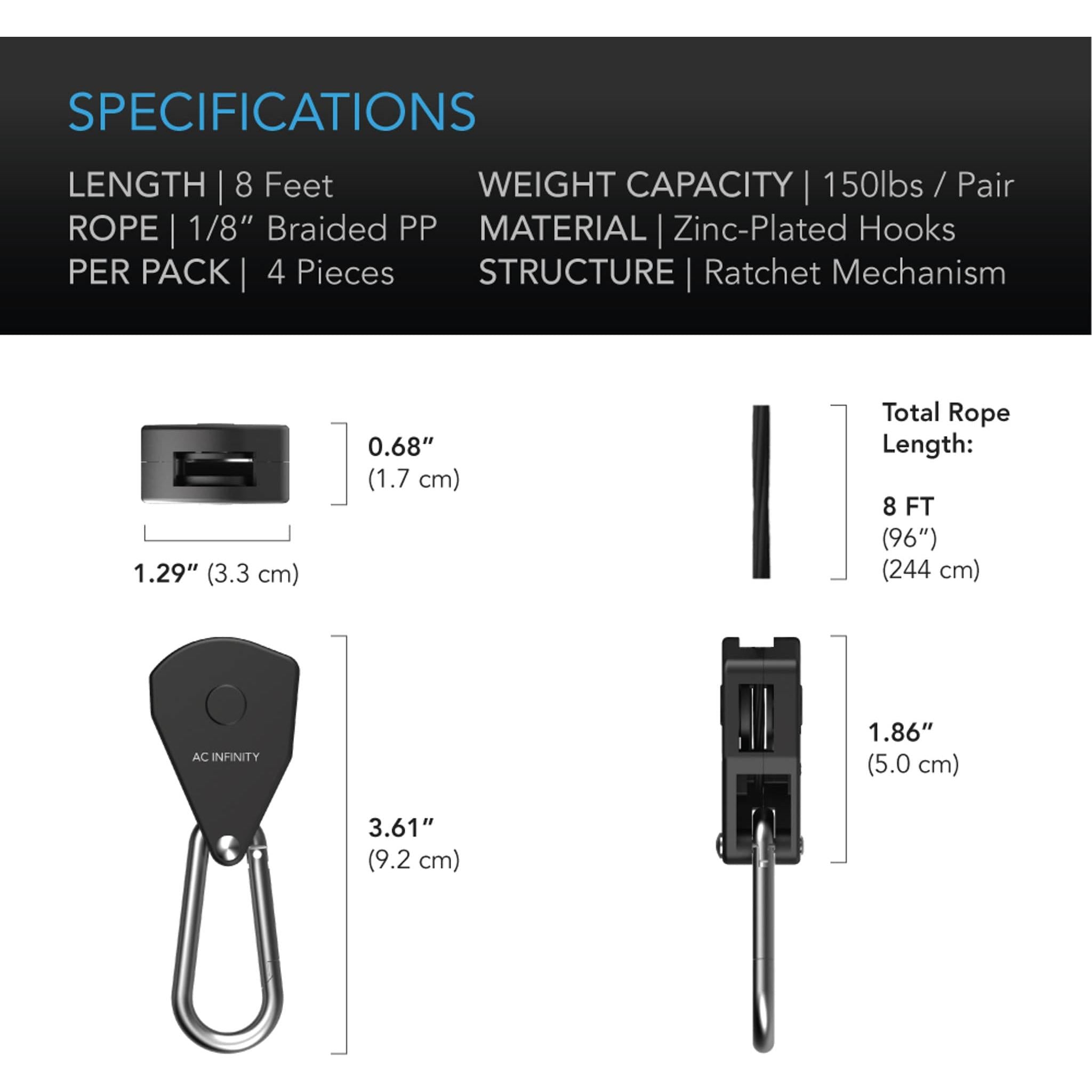 AC Infinity Heavy Duty Adjustable Rope Clip Light Hanger - 2 Pairs for Grow Lights, Indoor Plants & Hydroponics Setup