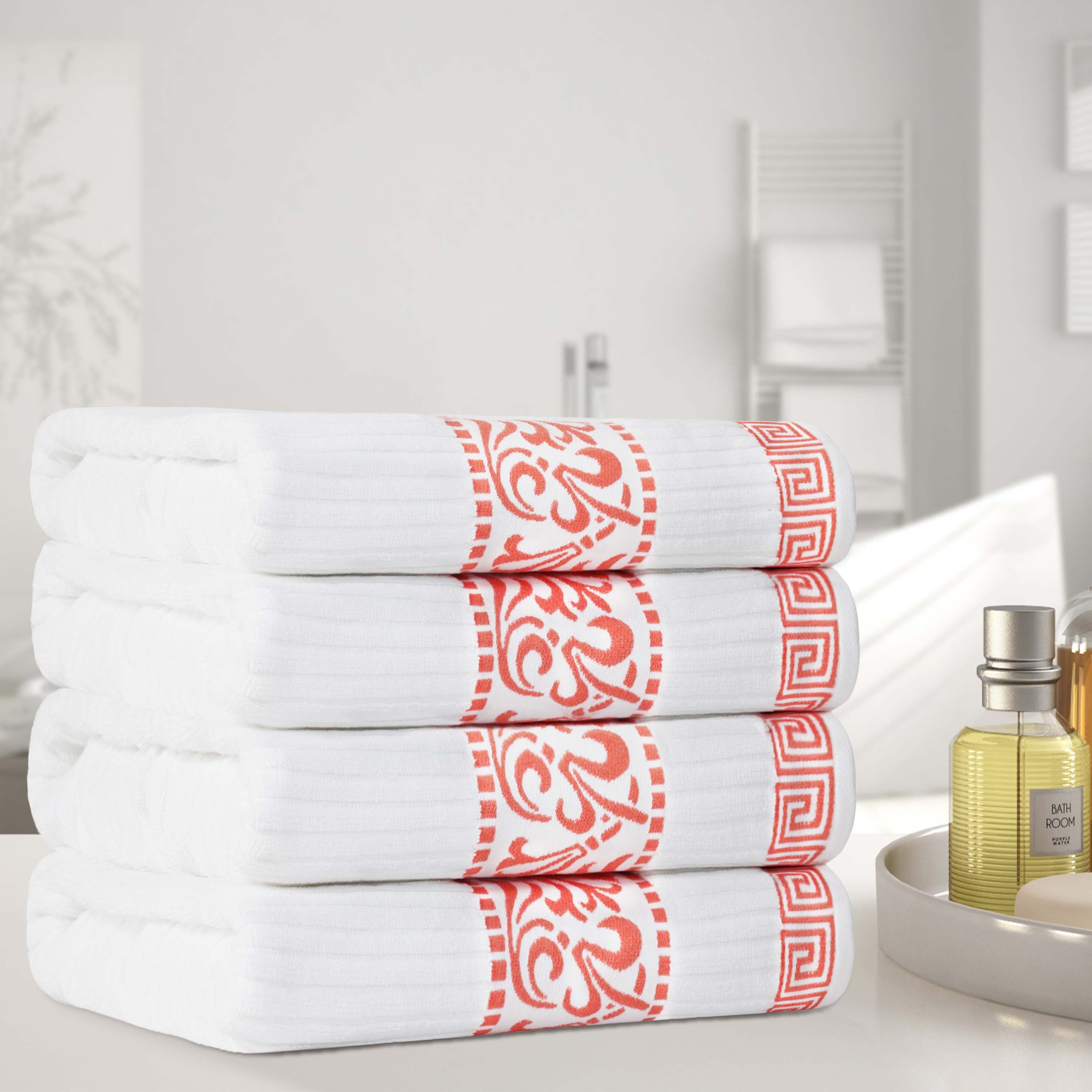 Premium Athens Cotton Greek Scroll & Floral 4-Piece Bath Towel Set - Soft & Absorbent for Spa, Bathroom & Guest Room Decor