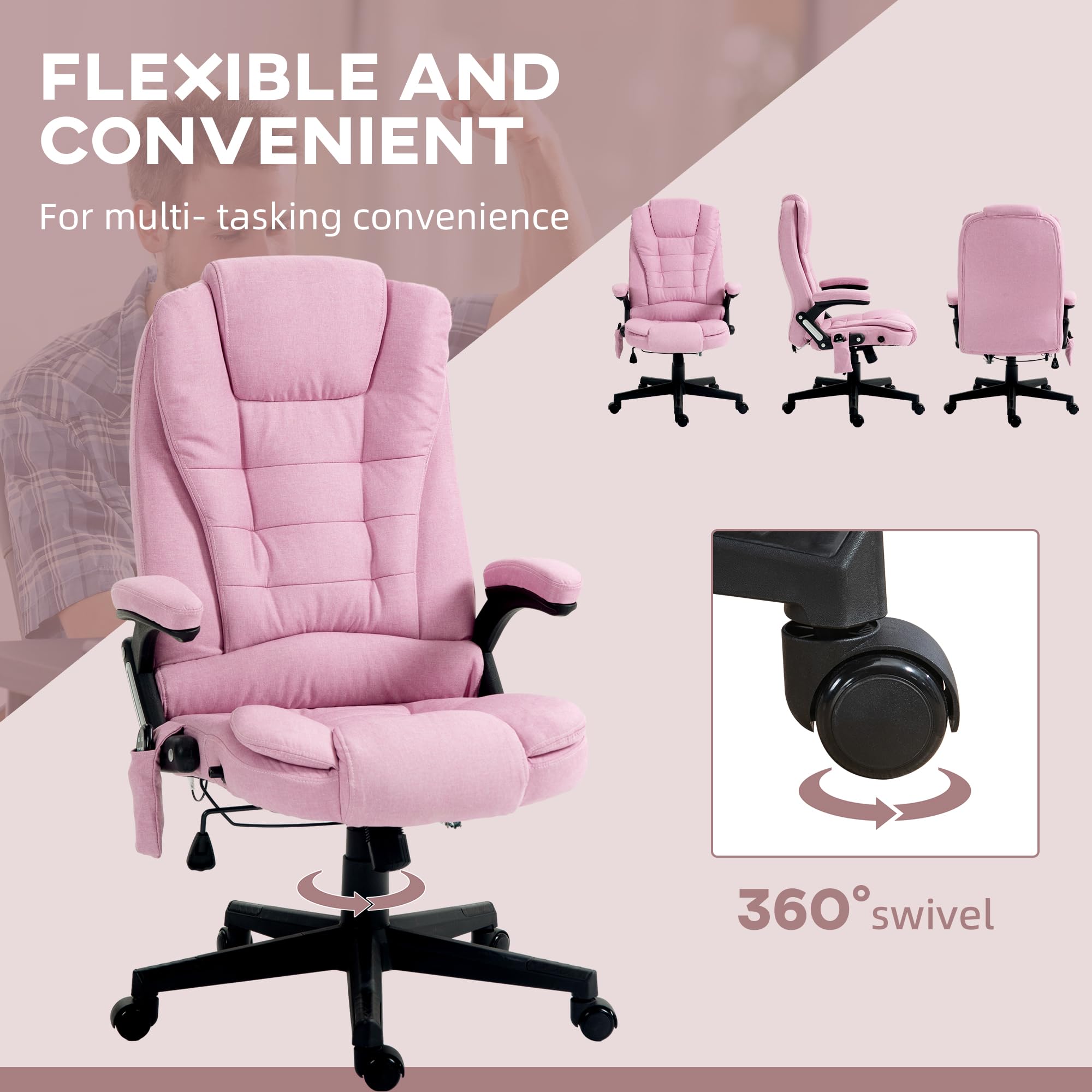 Vinsetto 6-Point Vibrating Massage Office Chair with Heating - High Back Executive Ergonomic Chair with Reclining Function, Padded Armrests & Remote Control (Pink) - Perfect for Home Office, Gaming & Relaxation