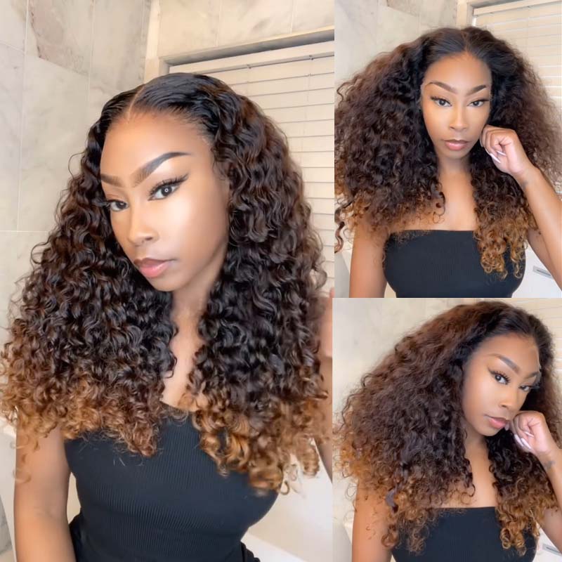 Eullair Fashionable Glueless Ombre Brown to Honey Blonde Curly Lace Front Wig with Dark Roots - 100% Human Hair for Women (EW008) | Perfect for Daily Wear, Parties & Special Occasions