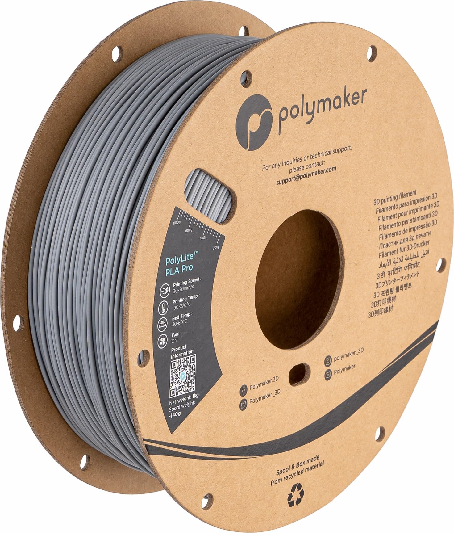 Polymaker PLA PRO Filament 1.75mm Gray - High Strength & Rigidity 3D Printer Filament 1kg Spool | Premium PLA Filament for 3D Printing, CNC Machines & DIY Projects | Durable & Easy to Use Filament for Prototyping, Cosplay & Home Decor