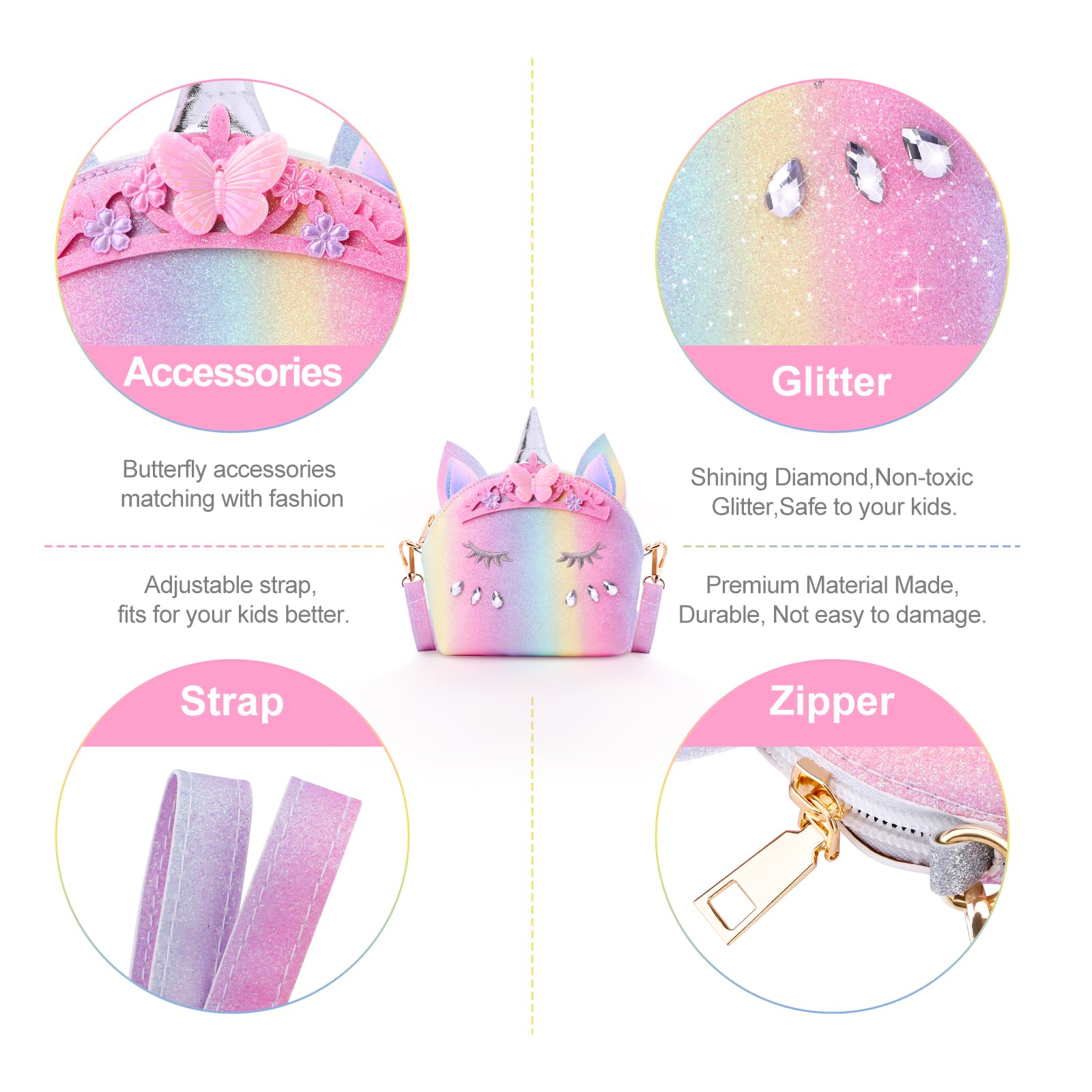 JYPS 7PCS Toddler Purse for Girls - Pretend Play Wallet with Princess Dress Up Jewelry Set (Rainbow Crown Unicorn) - Perfect for Birthday Gifts, Role Play & Imaginative Play