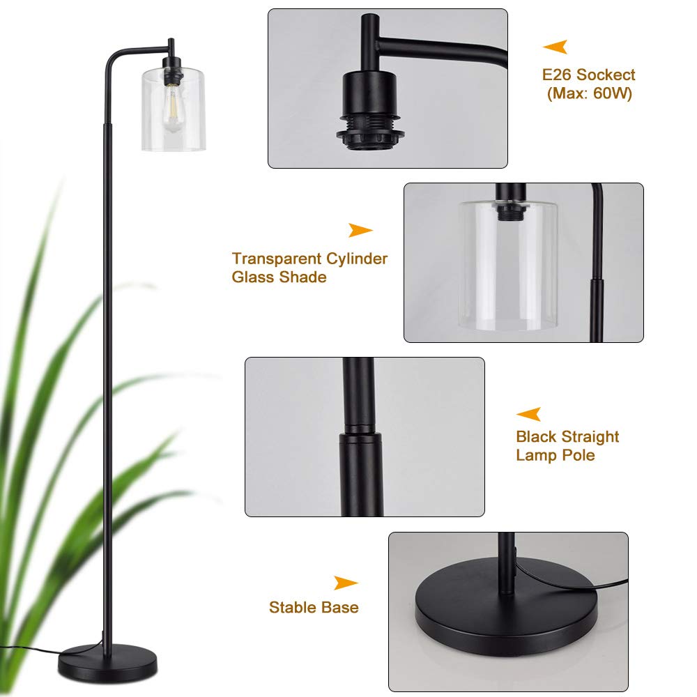 DLLT Industrial LED Floor Lamp with Clear Glass Shade - Tall Standing Light for Bedroom, Living Room & Office - Adjustable Reading Light with E26 Socket - Modern Black Pole Light for Home Decor & Workspace Lighting