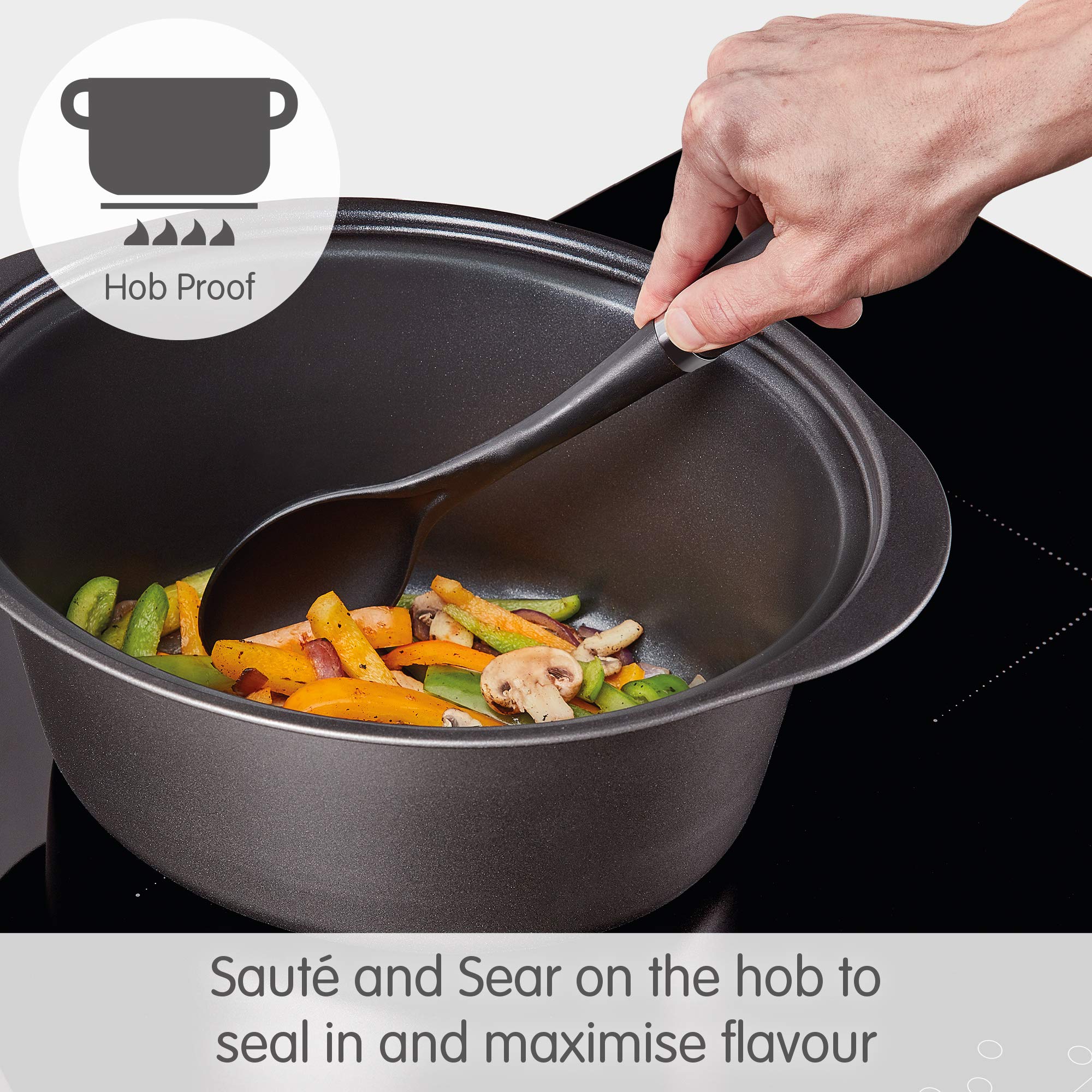 Morphy Richards 6.5L Slow Cooker with Detachable Hinged Lid - Shatterproof Aluminum Pot, 3 Heat Settings, Hob Safe, Easy to Clean (163W, Black, Model 461020) - Perfect for Stews, Soups, and Family Meals