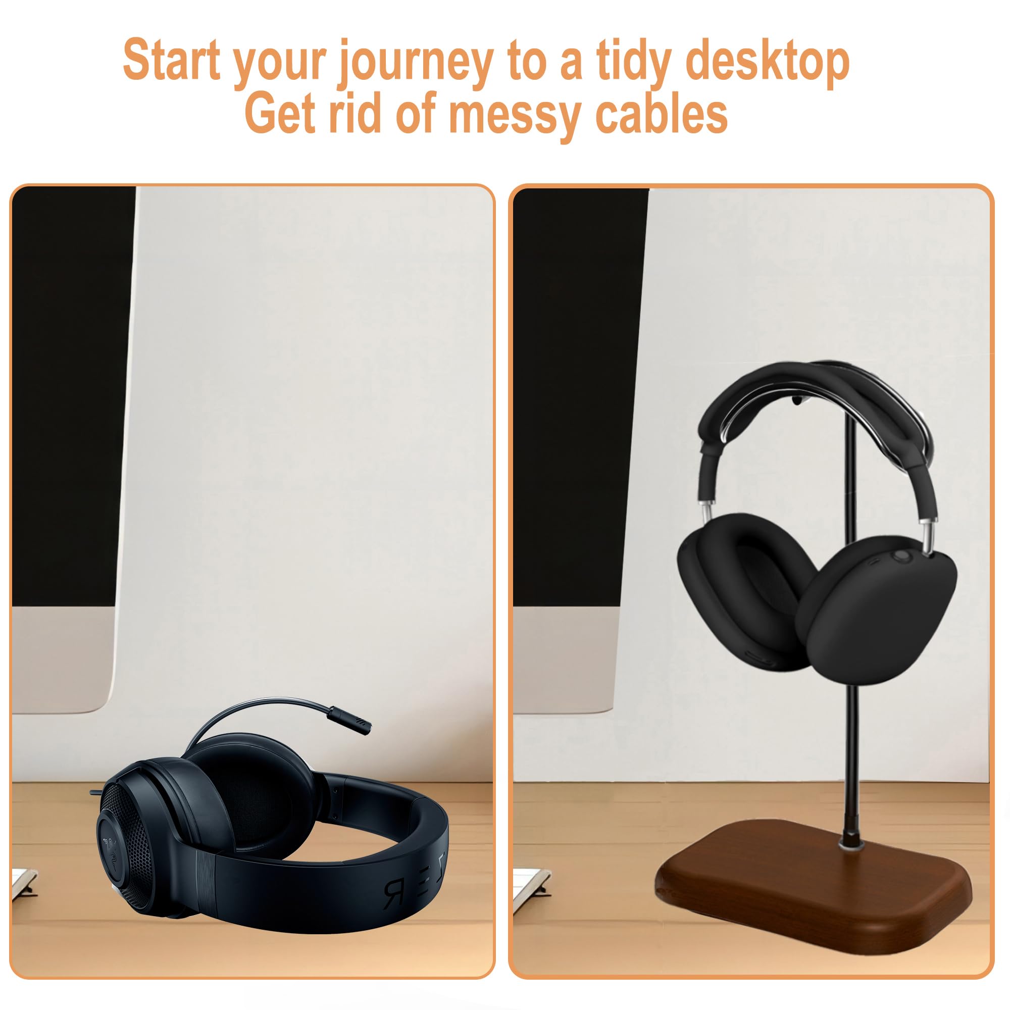 Premium Walnut Wood Headphone Stand with Aluminum Base - Universal Headset Holder for Gaming & Music Headsets - Elegant Desk Organizer for Home & Office Workspace