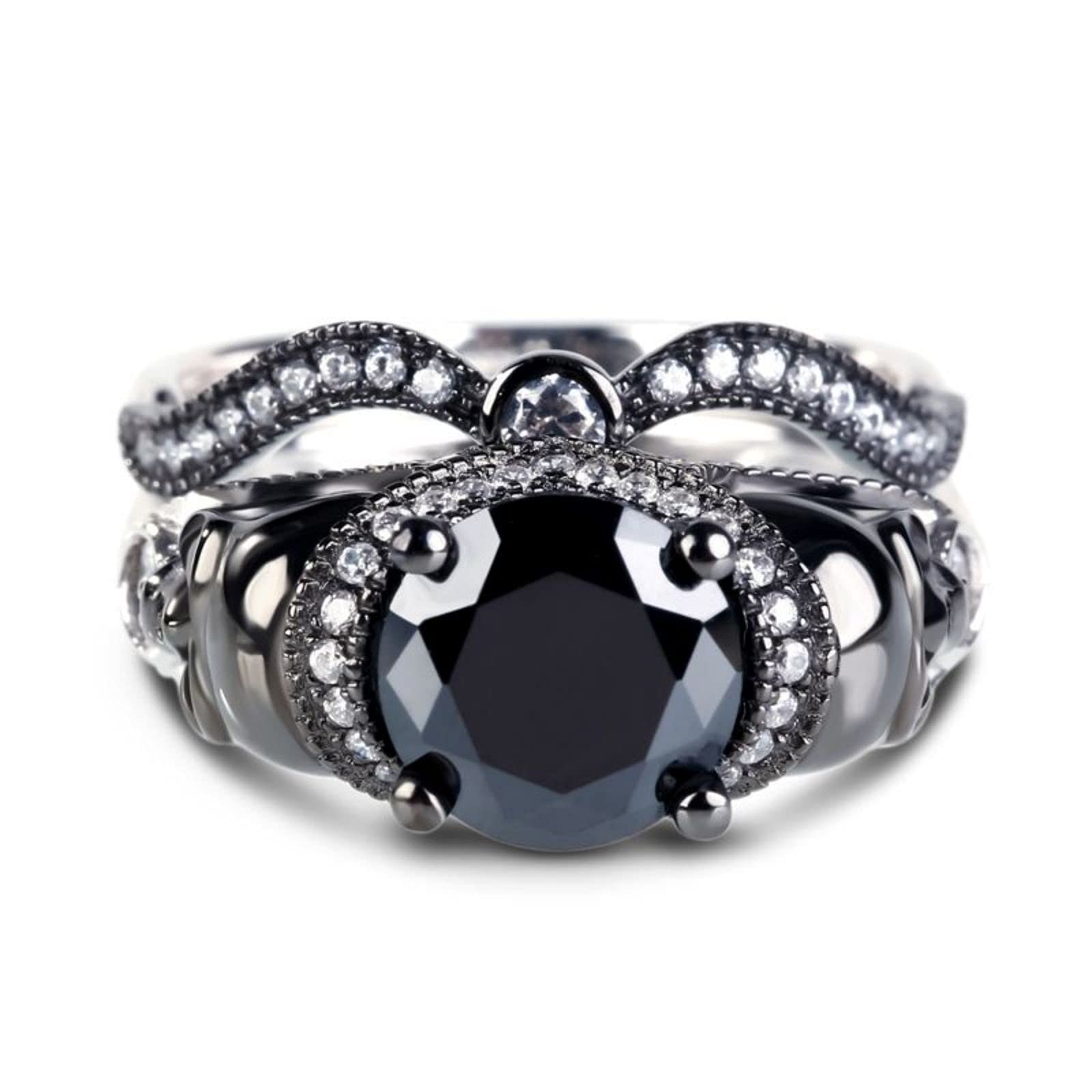 Jeulia 4.97 Carat Twist Skull Ring for Women - Sterling Silver Two-Tone Round Cut White Diamond Bridal Set, Black Plated Engagement Promise Ring with Gift Box | Gothic Jewelry, Wedding Band, Anniversary Gift, Unique Statement Piece