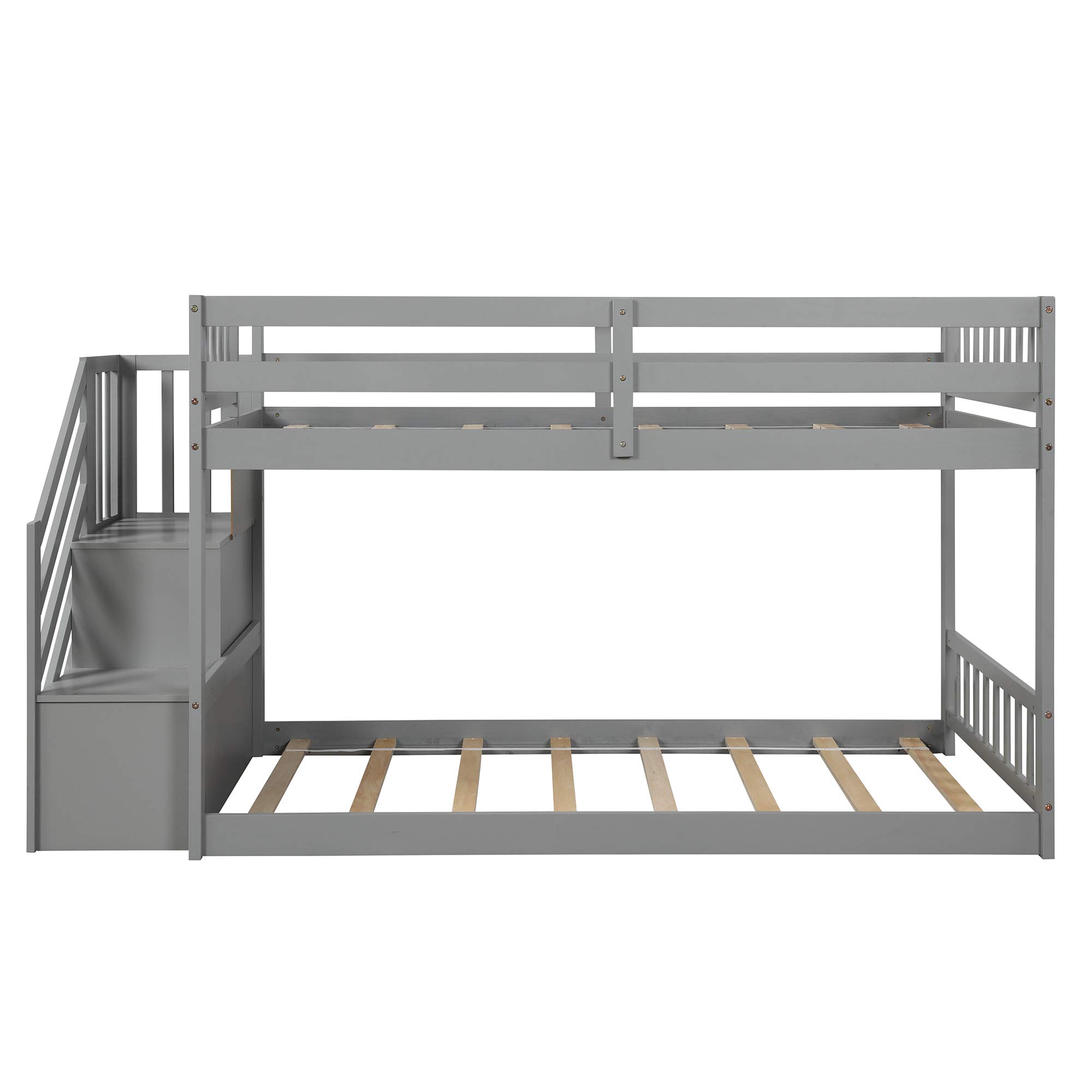 Merax Twin Over Twin Solid Wood Bunk Bed Frame with Storage - No Box Spring Needed - Space-Saving Kids Bedroom Furniture (Grey) - Perfect for Small Rooms, Shared Kids' Bedrooms & Guest Rooms