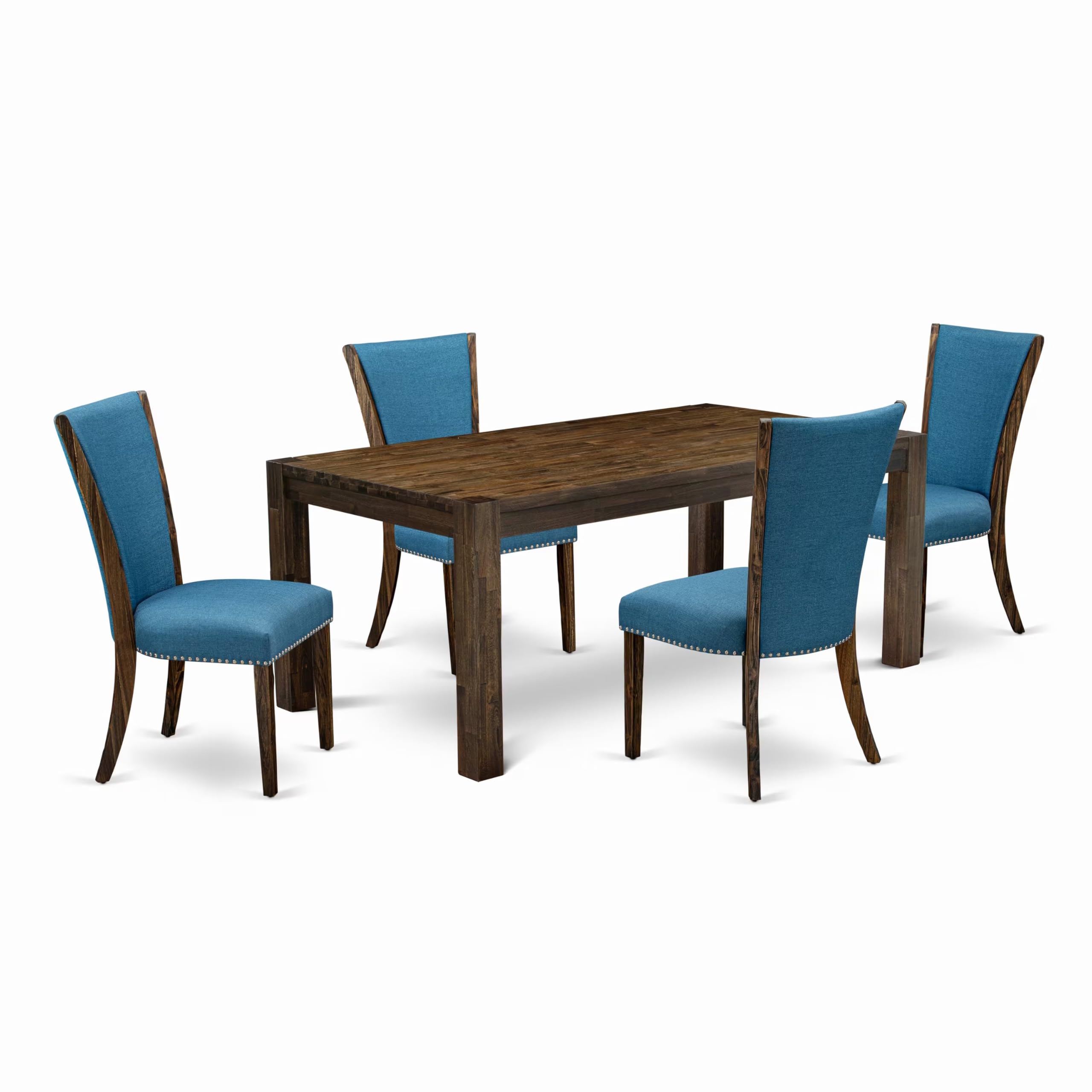 East West Furniture LMVE5-77-21 5-Piece Rustic Wood Dining Table Set with 4 Blue Linen Upholstered Chairs, 40x72 Inch Jacobean Finish - Perfect for Farmhouse Kitchens, Small Dining Rooms & Cozy Breakfast Nooks