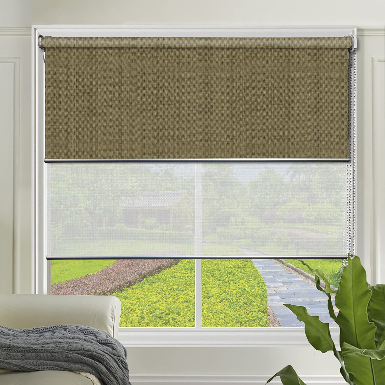 LETAU Double Layer Cordless Window Shades - 2 in 1 Blackout & Sheer Fabric Window Blinds for Multi Light Control | Olive Green | Perfect for Bedroom, Nursery & Home Office Privacy