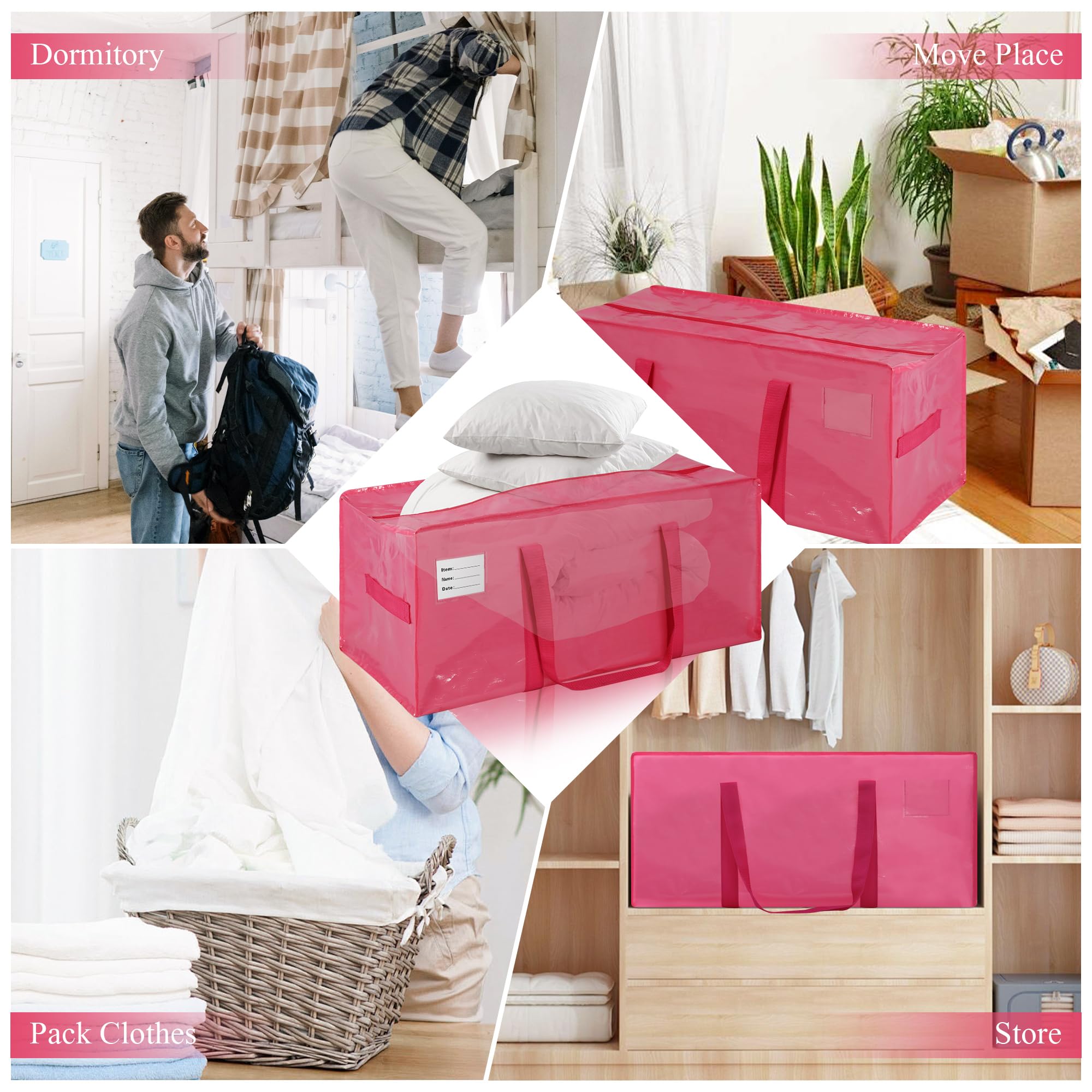 Heavy Duty Moving Bags with Sturdy Zippers - 8 Pack Large Storage Totes for Clothes, College Dorm & Travel Supplies - Durable Pink Moving Bags for Home Organization & Packing Essentials