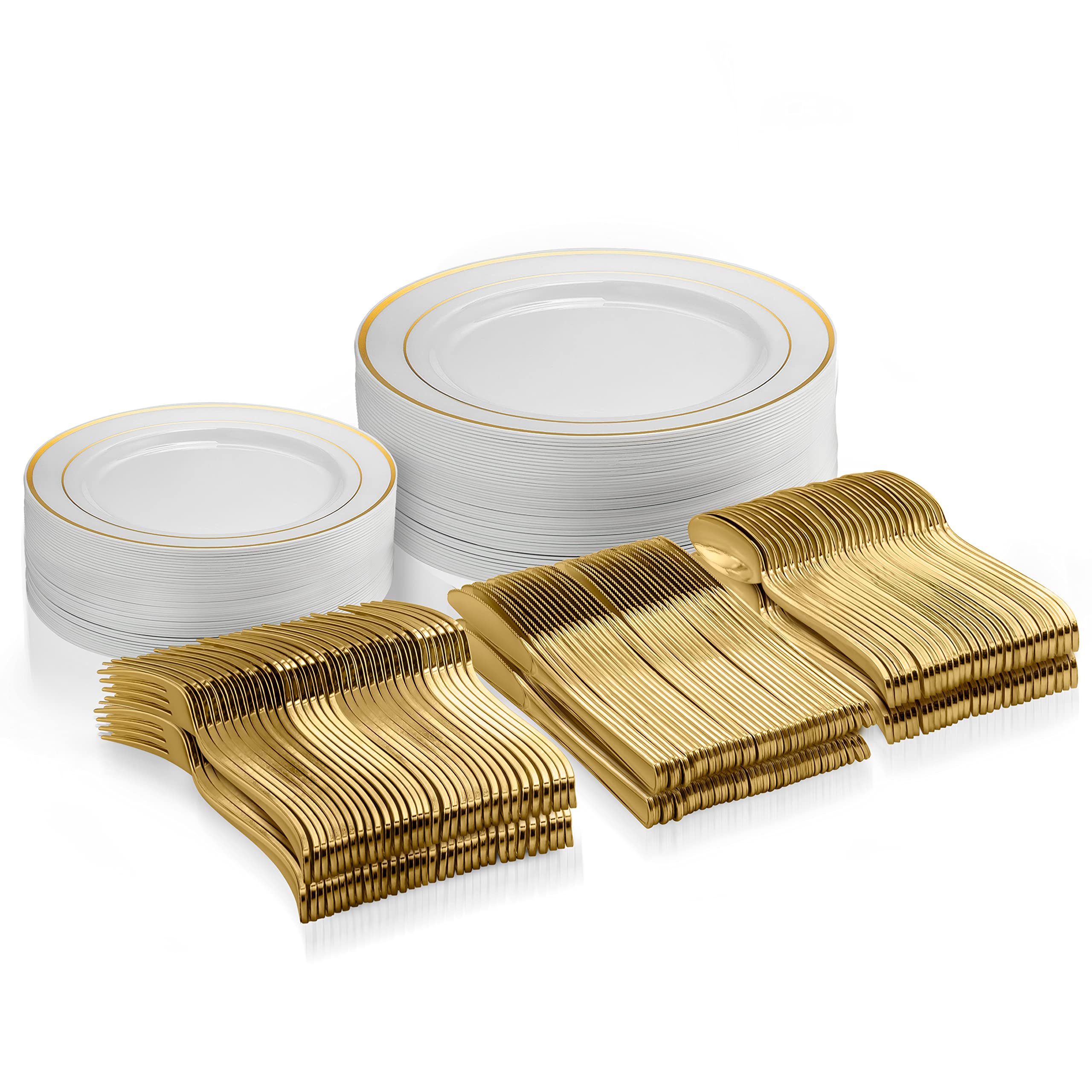 125-Piece Gold Disposable Dinnerware Set - 50 Gold Rim Plastic Plates, 25 Dinner & 25 Dessert Plates, 25 Knives, 25 Forks, 25 Spoons - Elegant Party Tableware for Weddings, Birthdays, Bridal Showers & Special Events