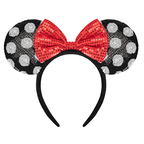Sparkly TEKI Sequin Mouse Ears Headband with Bow - Big Black Disney-Inspired Hair Accessories for Women & Girls - Perfect for Halloween, Birthday Parties, Cosplay & Theme Park Visits