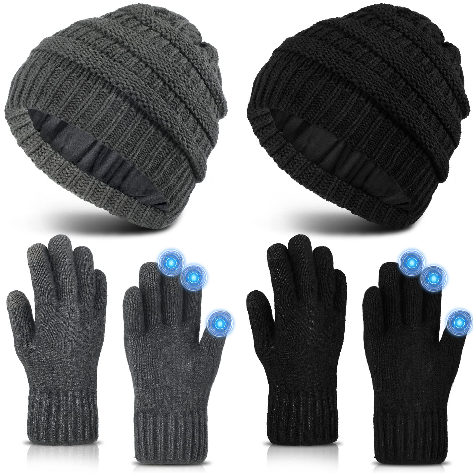 Winter Knit Beanie Hat & Touchscreen Gloves Set - Soft Slouchy Skull Cap & Gloves for Men & Women - Perfect for Cycling, Biking, Skiing & Outdoor Winter Activities (2-Pack)