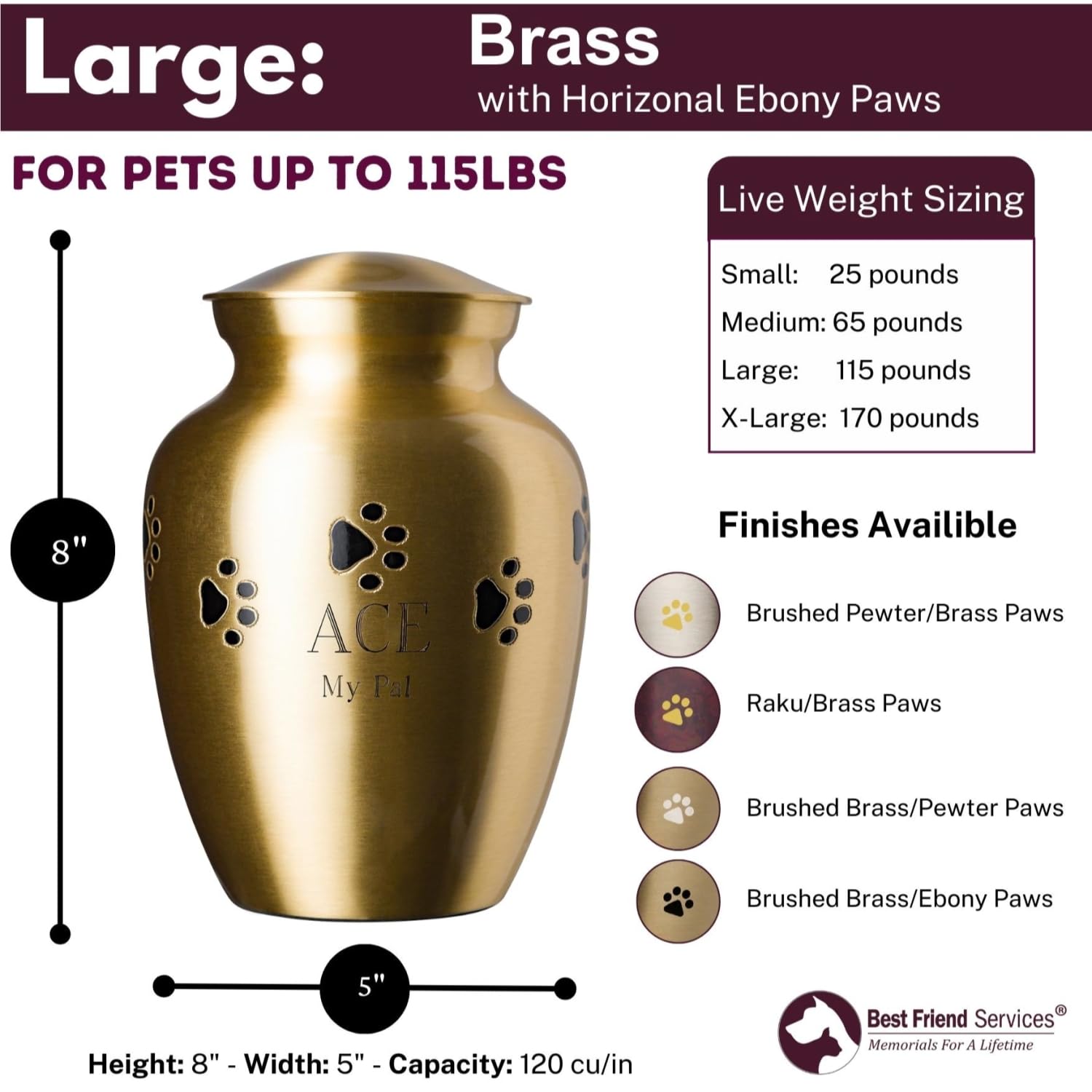 Ottillie Paws Elite Series Personalized Pet Urn for Dogs and Cats - Custom Engraved Brass Memorial Urn, Horizontal Ebony Design, Large Size - Perfect for Home or Garden Pet Memorials