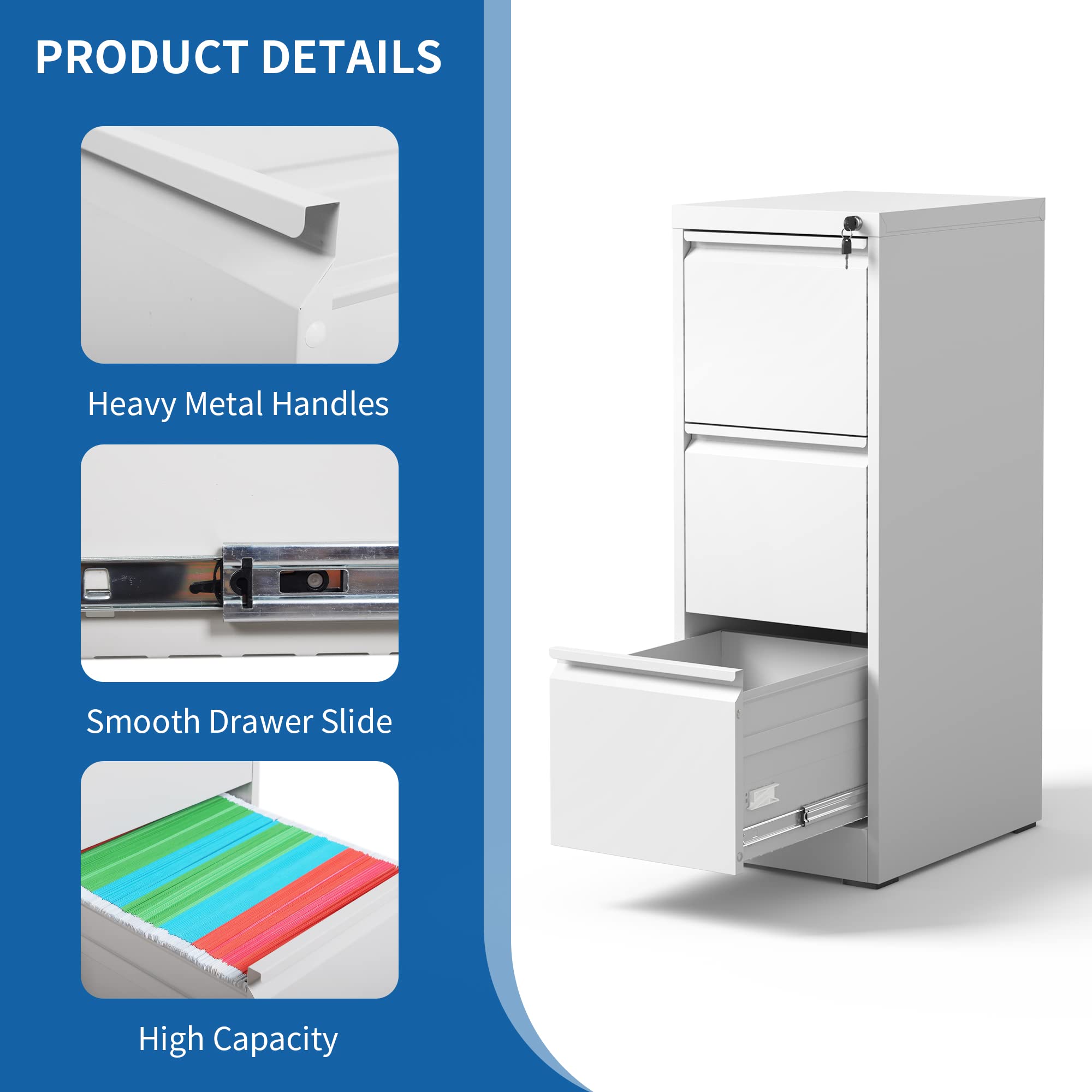 3-Drawer Vertical File Cabinet with Lock - White Hanging File Organizer for A4, Legal & Letter Size Documents - Perfect for Home Office & Workspace Storage