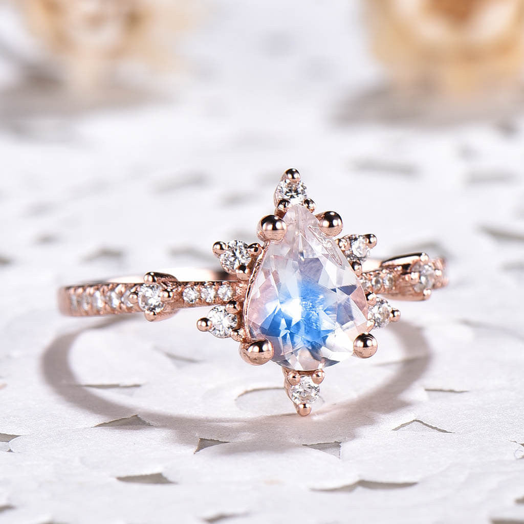 14K/18K Rose Gold Rainbow Moonstone & Diamond Engagement Ring - Unique Vintage Style for Women, Wedding, Proposal, Anniversary Gift - Perfect for Romantic Occasions & Special Moments