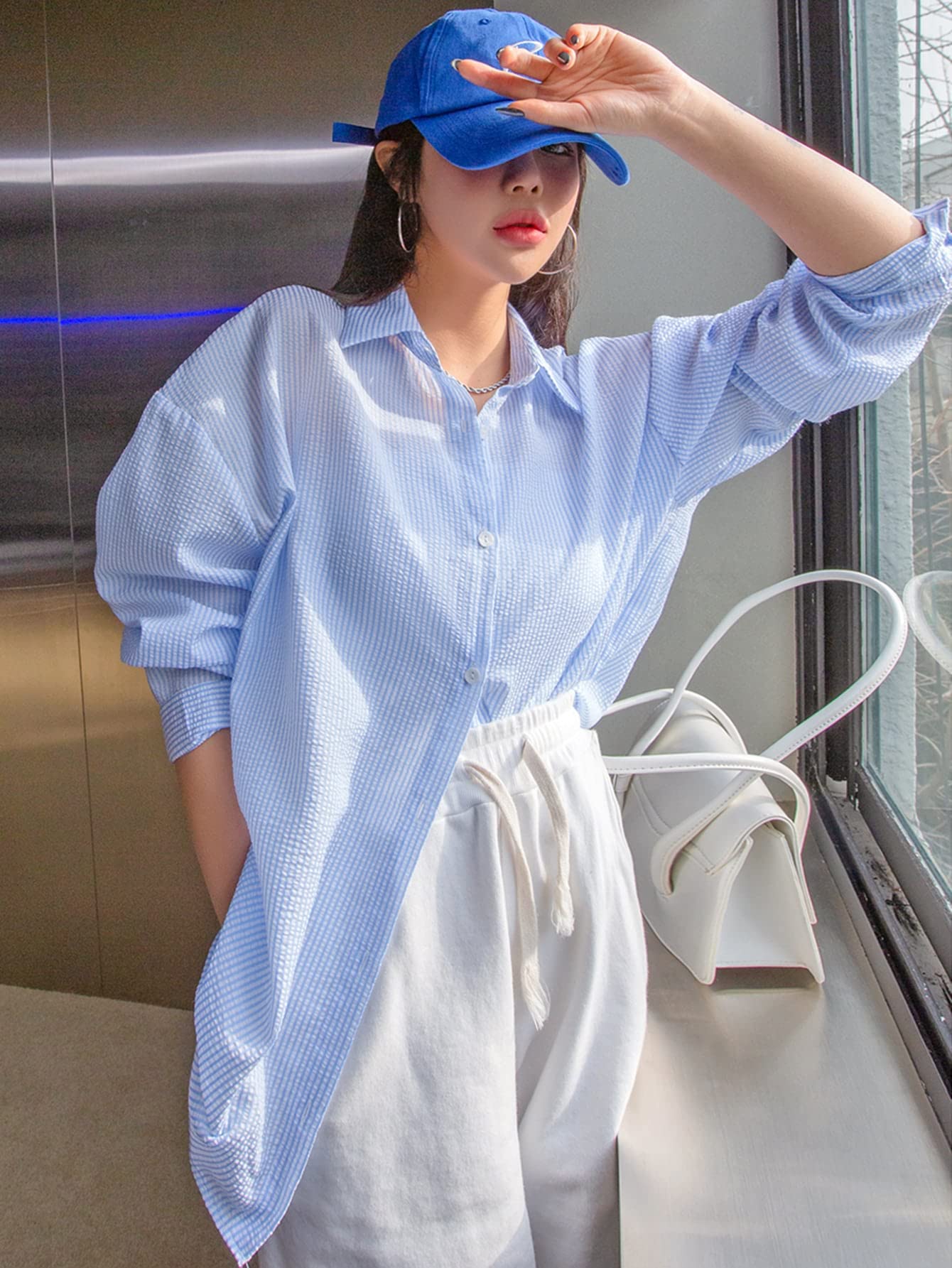 Women's Oversized Drop Shoulder Pinstripe Button-Up Blouse - Blue, Size Large | Casual Office Wear & Layering Essential