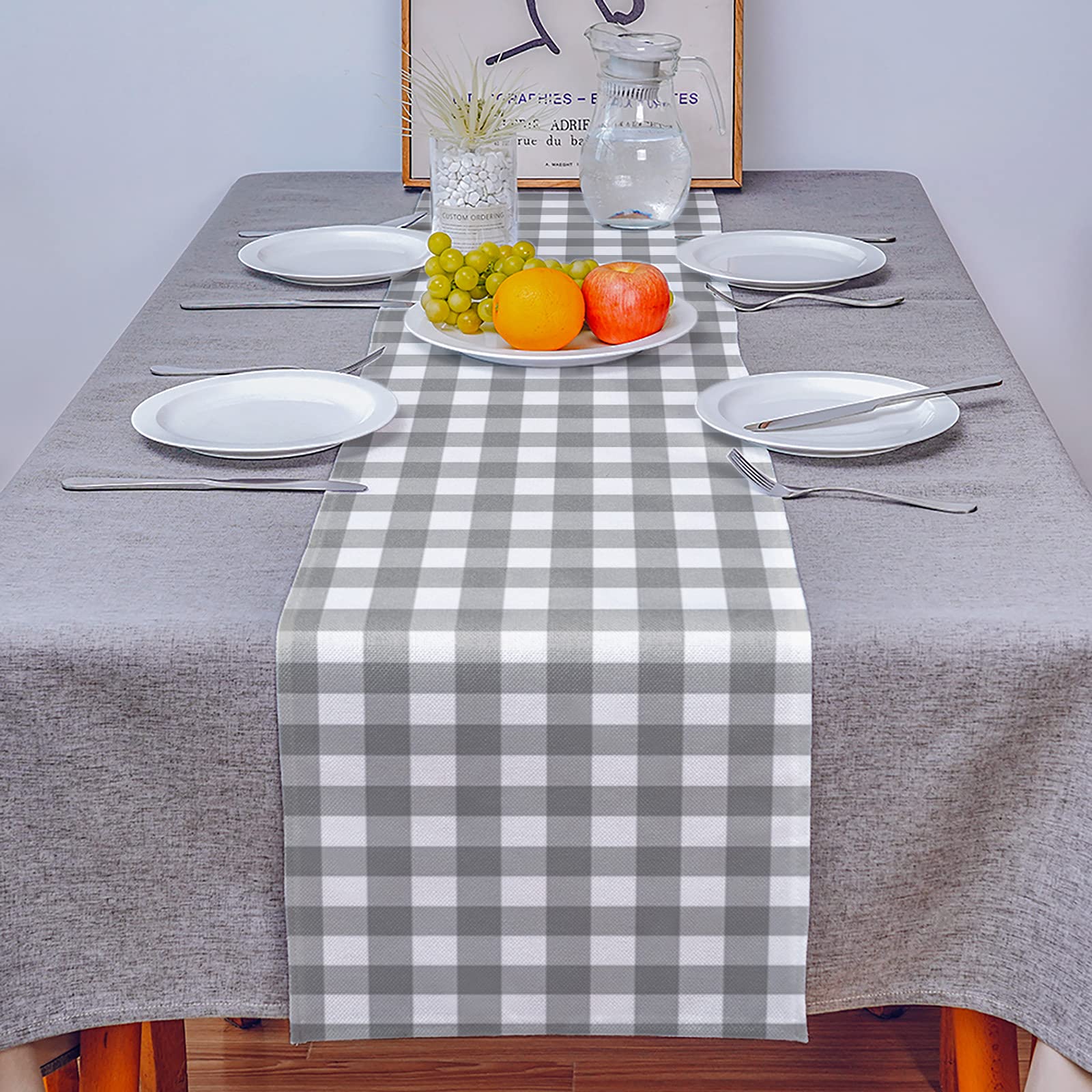 90 Inch Grey White Geometric Buffalo Plaid Burlap Linen Table Runner - Farmhouse Kitchen Dining Decor for Coffee Tables, Weddings & Banquets | Perfect for Rustic Home Decor and Special Events