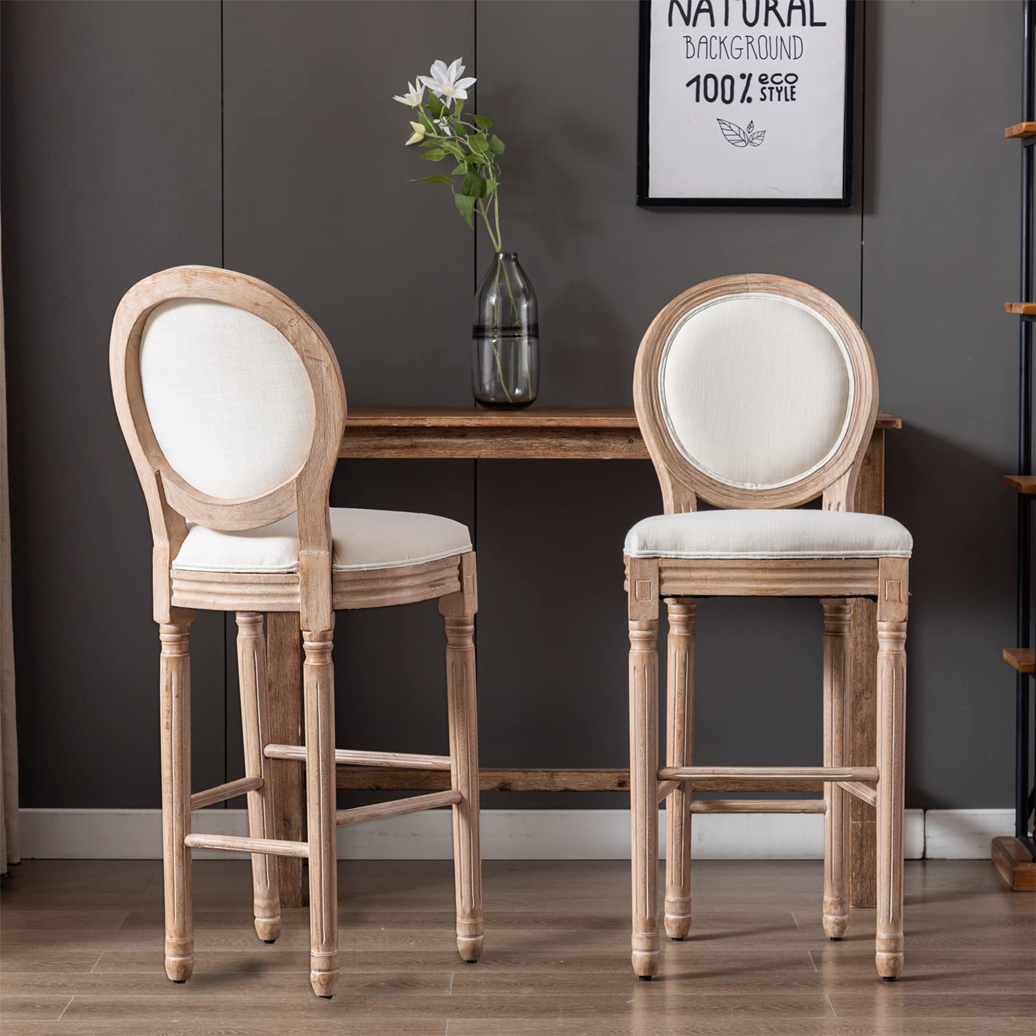 French Country Bar Stools Set of 2 - Solid Wood Bar Height Chairs with Upholstered Seating for Kitchen Island, Dining Room & Breakfast Nook - Rustic Home Decor for Farmhouse & Cottage Style Kitchens