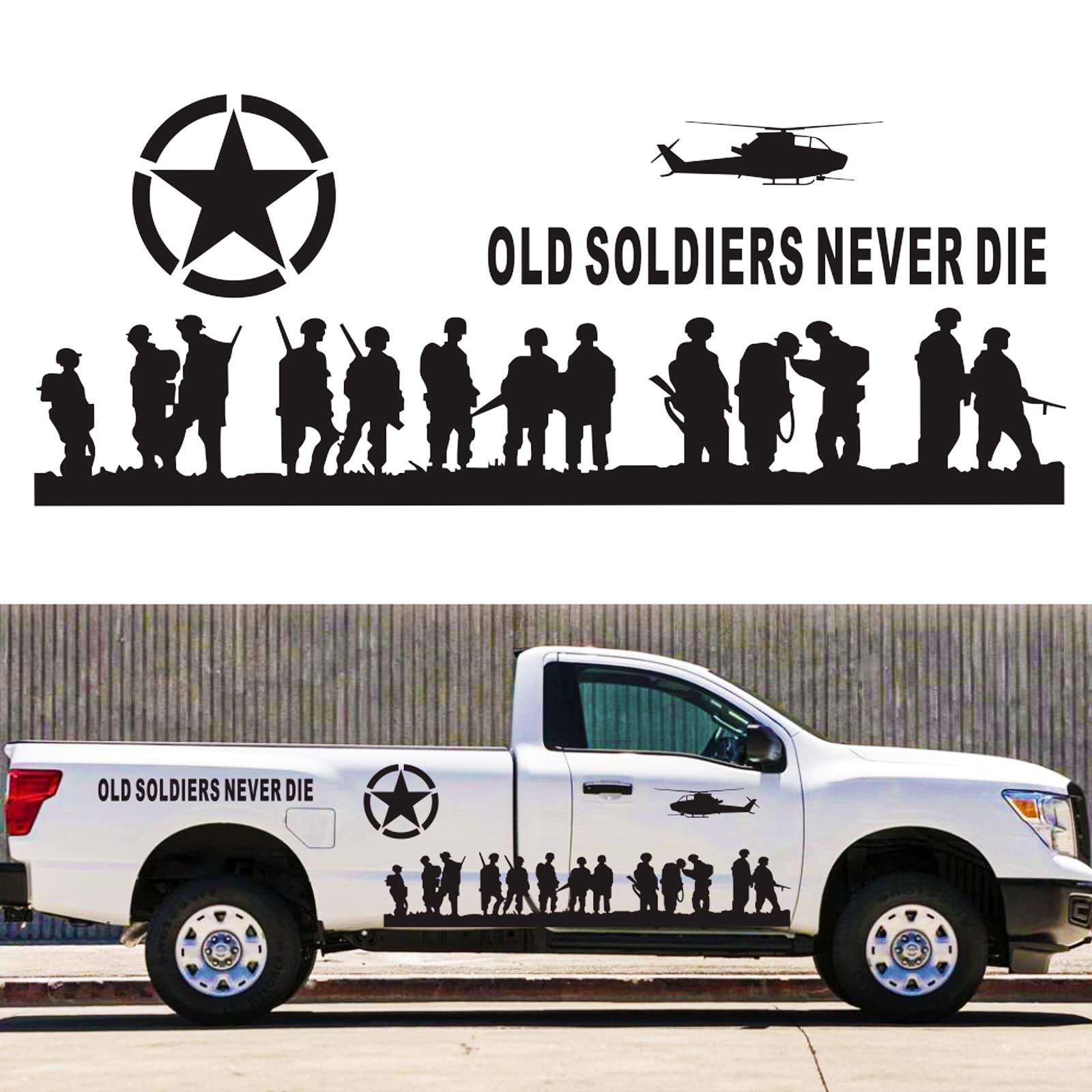 US Army Military Star Vinyl Car Stickers & Decals - Old Soldiers Never Die Truck Decals for Men - Patriotic Soldier Vehicle Side Sticker - Black - Perfect for Trucks, SUVs, Cars & Motorcycles to Show Military Pride