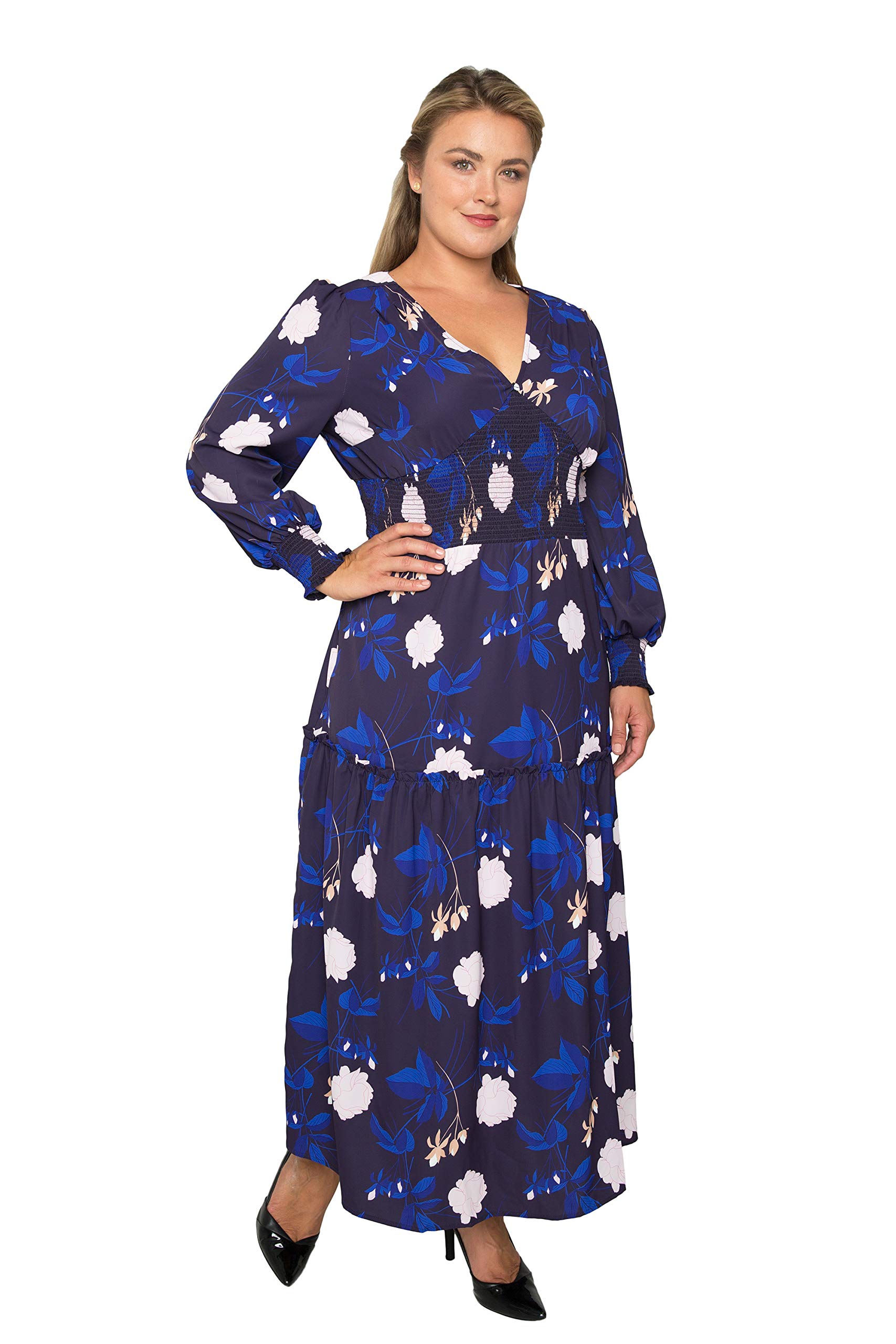 Plus Size Floral Print Smocked Waist Long Sleeve Maxi Dress for Women | Elegant & Comfortable Summer Beach Wedding Party Outfit
