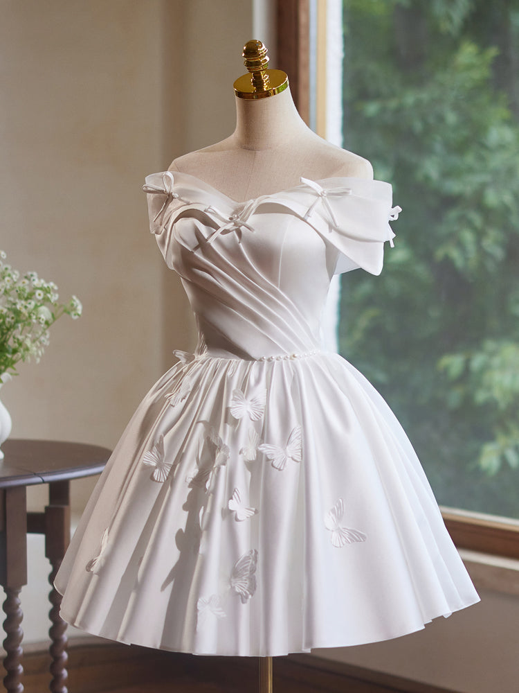 Elegant Off Shoulder A-Line Satin White Short Prom Dress with Butterfly Applique - Perfect for Homecoming, Cocktail Parties & Special Occasions