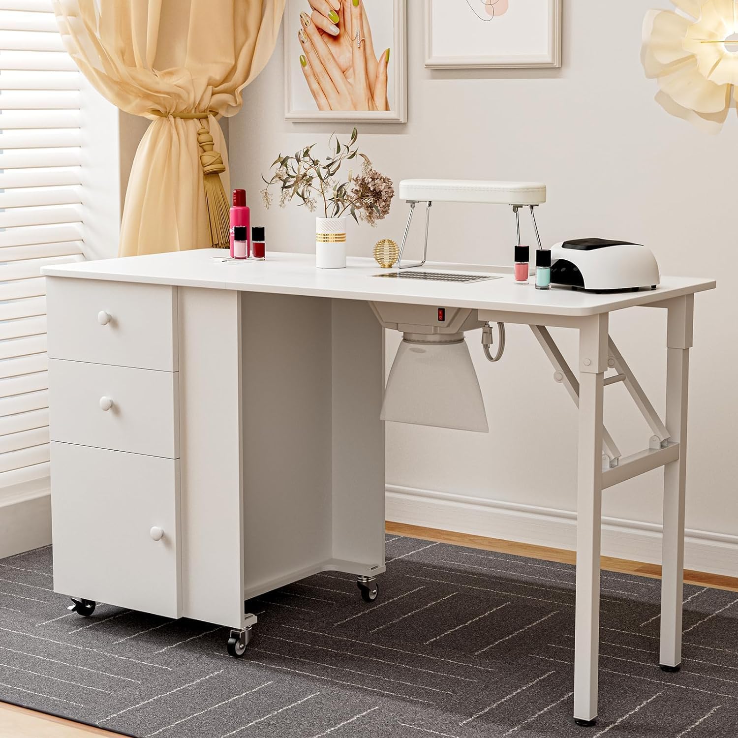 Foldable Manicure Table with Electric Downdraft Ventilation - Portable Nail Tech Station with Lockable Wheels, Adjustable Arm Rest & Storage Drawers - White Wooden Beauty Salon Furniture for Home & Professional Use