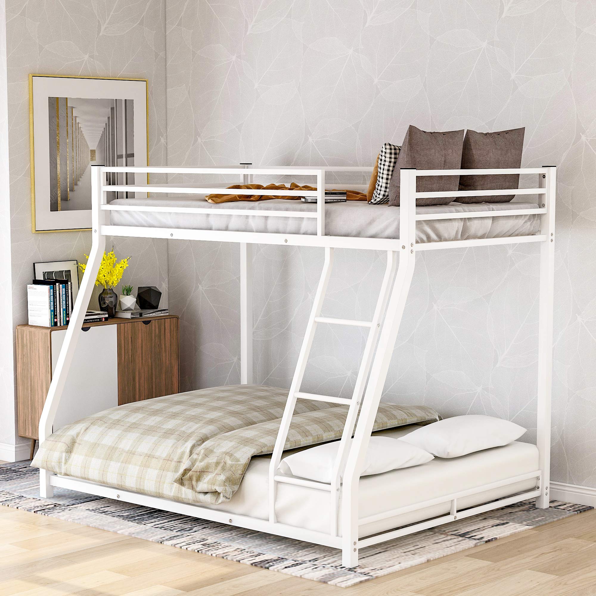 Twin Over Full Metal Bunk Bed with Ladder & Guardrail - Sturdy Low Bunk Beds for Adults, Teens, Boys & Girls - White Space-Saving Bed for Small Rooms, Dorms & Shared Kids' Bedrooms