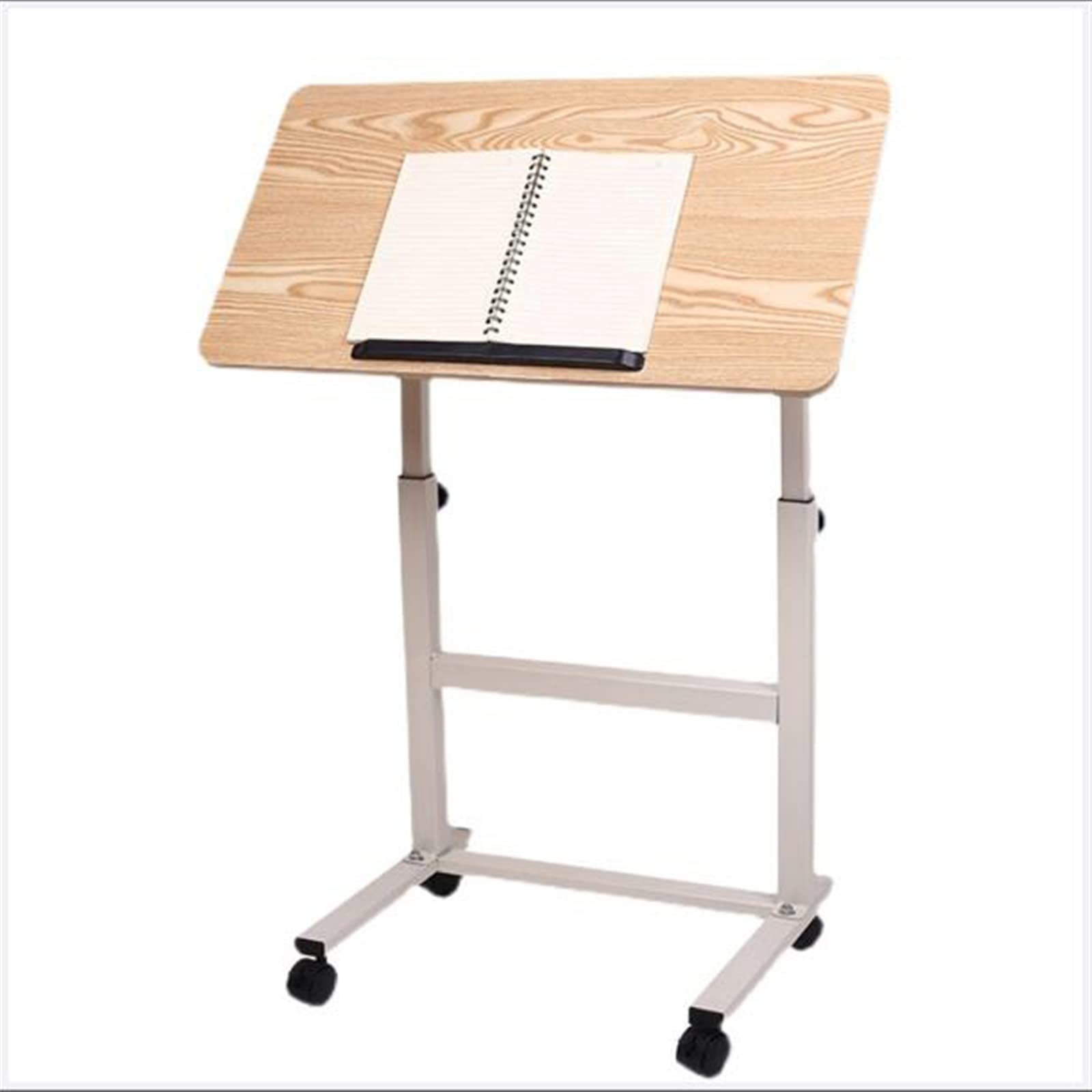 Adjustable Overbed Table with Wheels - Mobile Laptop Desk for Sofa, Bed & Breakfast in Bed - Beige Rolling Side Table for Reading, Working & Eating