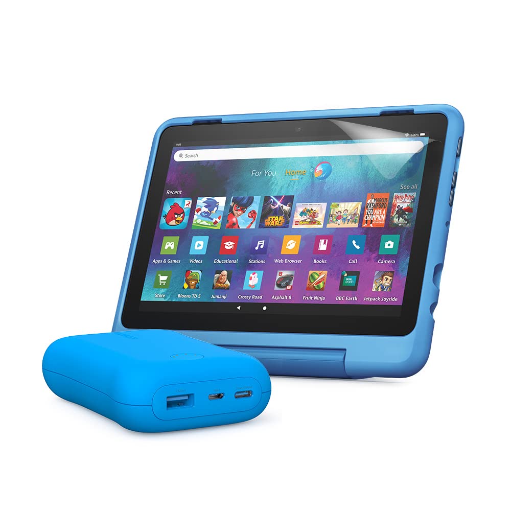 Fire HD 8 Kids Pro Tablet (Cyber Sky) with Portable Charger & 2-Pack Screen Protector - Durable Kids Tablet for Learning, Games & Travel | Perfect for School, Road Trips & Home Use
