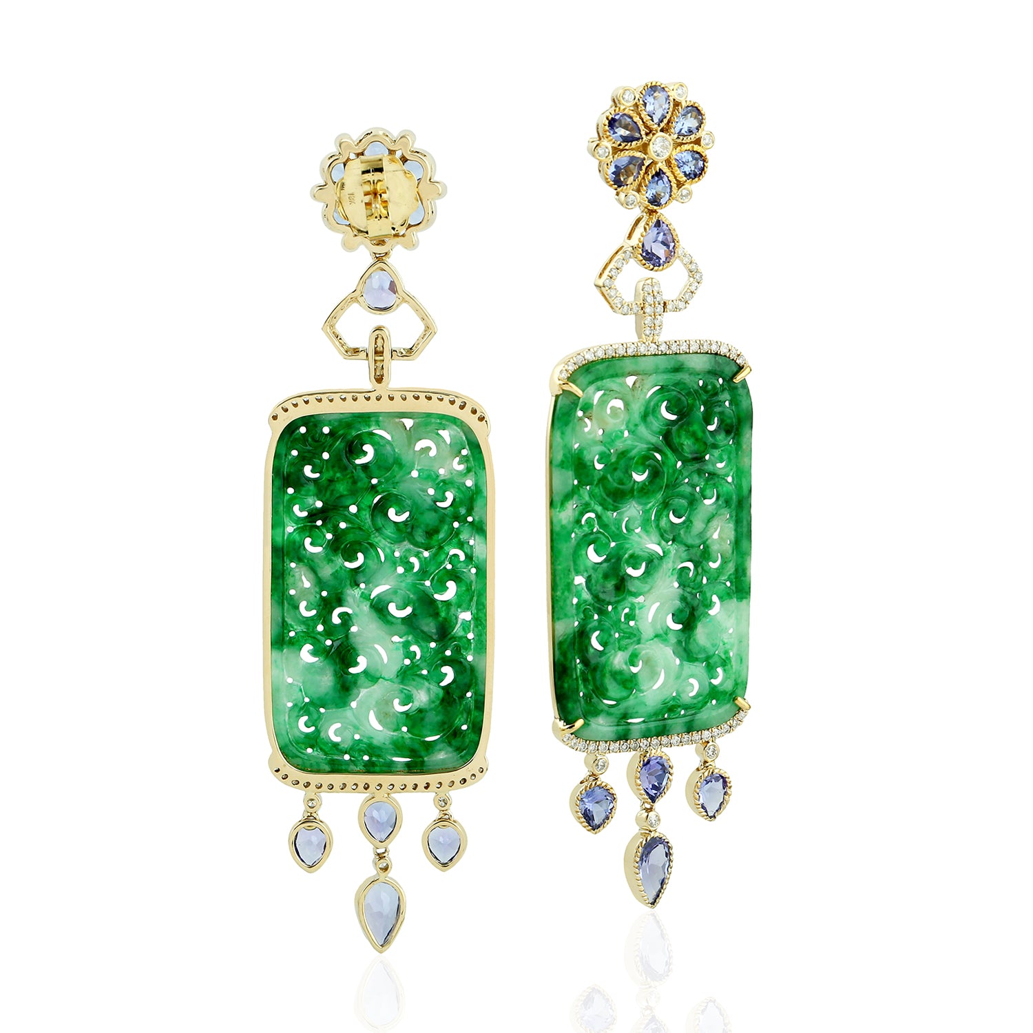 18K Yellow Gold Carved Jade Pear Tanzanite Prong Diamond Designer Earrings - Elegant Jewelry for Weddings, Parties & Special Occasions