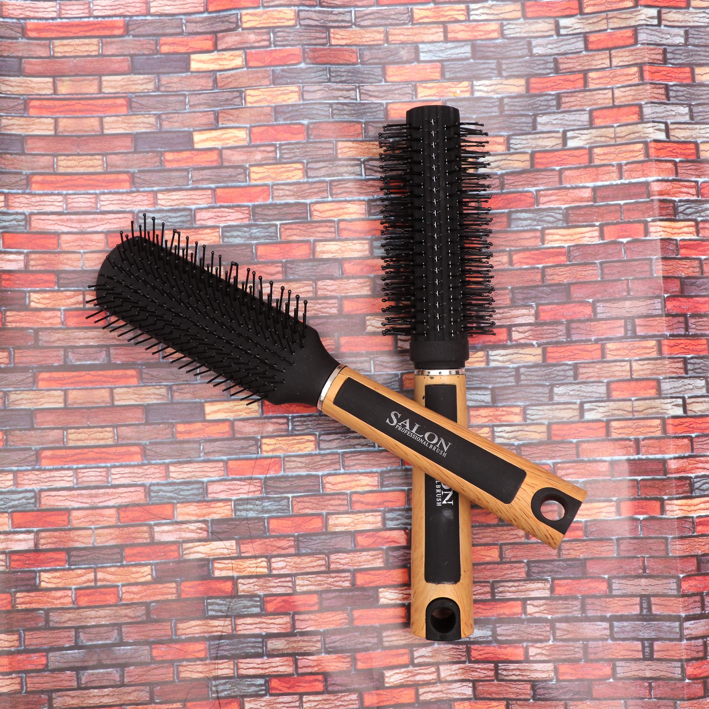 Honbon Round Hair Brush Set of 2 - Wooden & Black Handle with Soft Bristles for Smooth Styling - Perfect for Blowouts, Detangling & Salon-Quality Results at Home