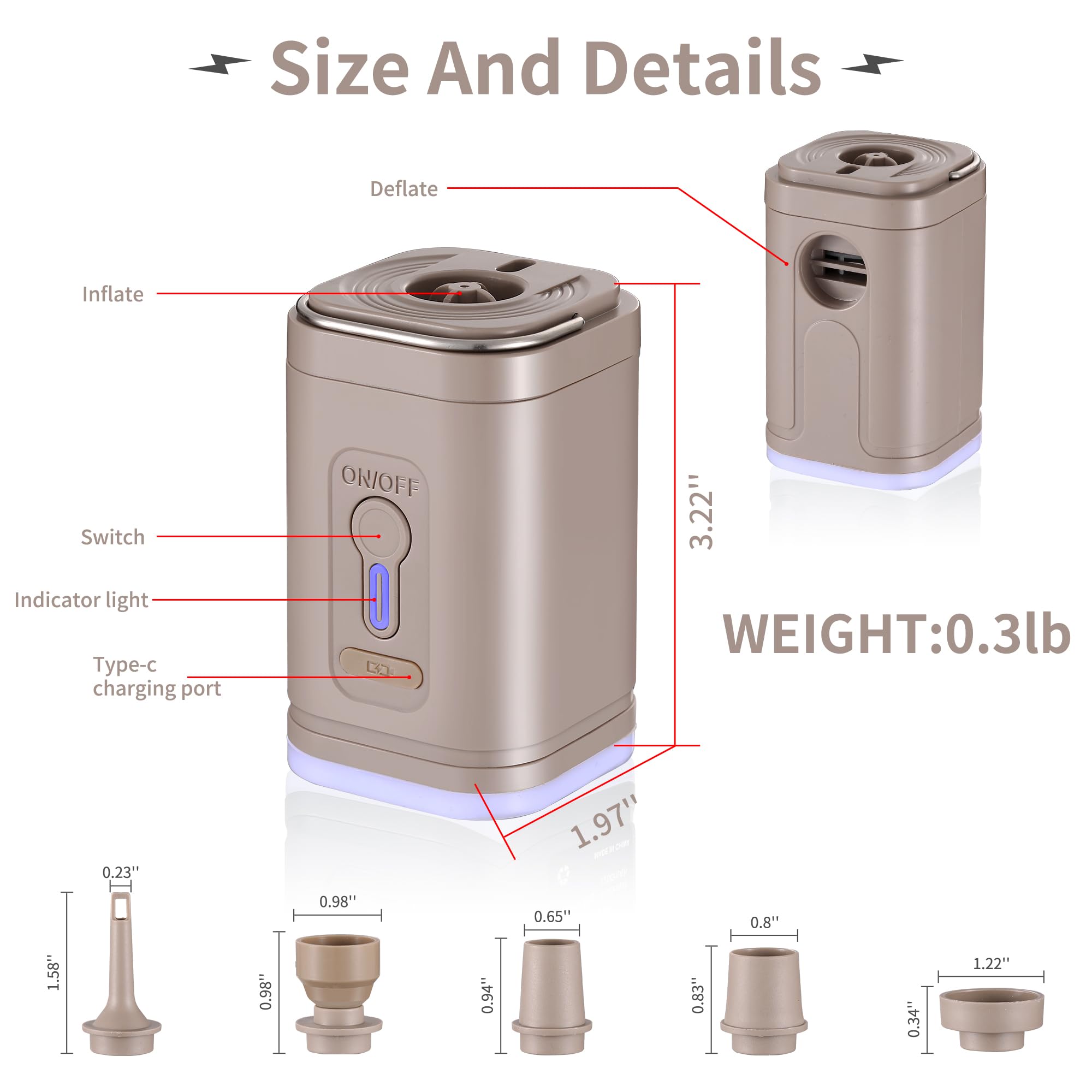 Portable Electric Air Pump for Inflatables - 5 Nozzle Mini Vacuum Pump with 3 LED Camping Lights | Fast Inflation for Air Mattress, Pool Floats, Boat Toys, Yoga Balls, Swimming Rings & Vacuum Storage Bags | Perfect for Camping, Beach Trips & Home Storage