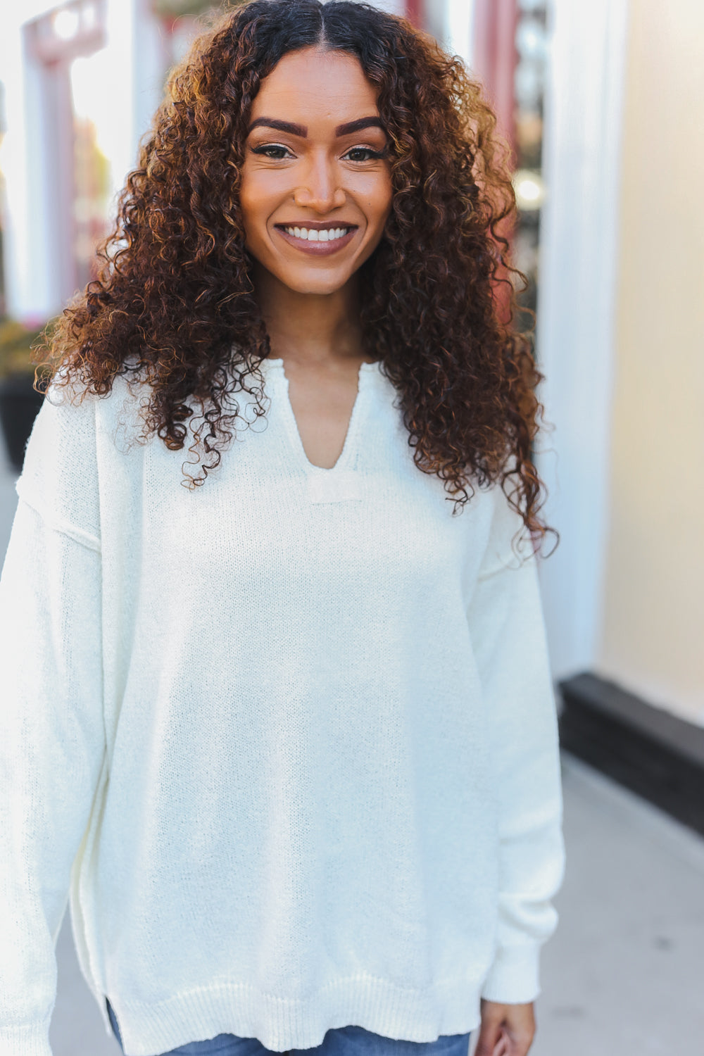 Ivory Oversized Notched Neck Patch Sweater for Women - Cozy Winter Pullover for Casual Outings & Layering