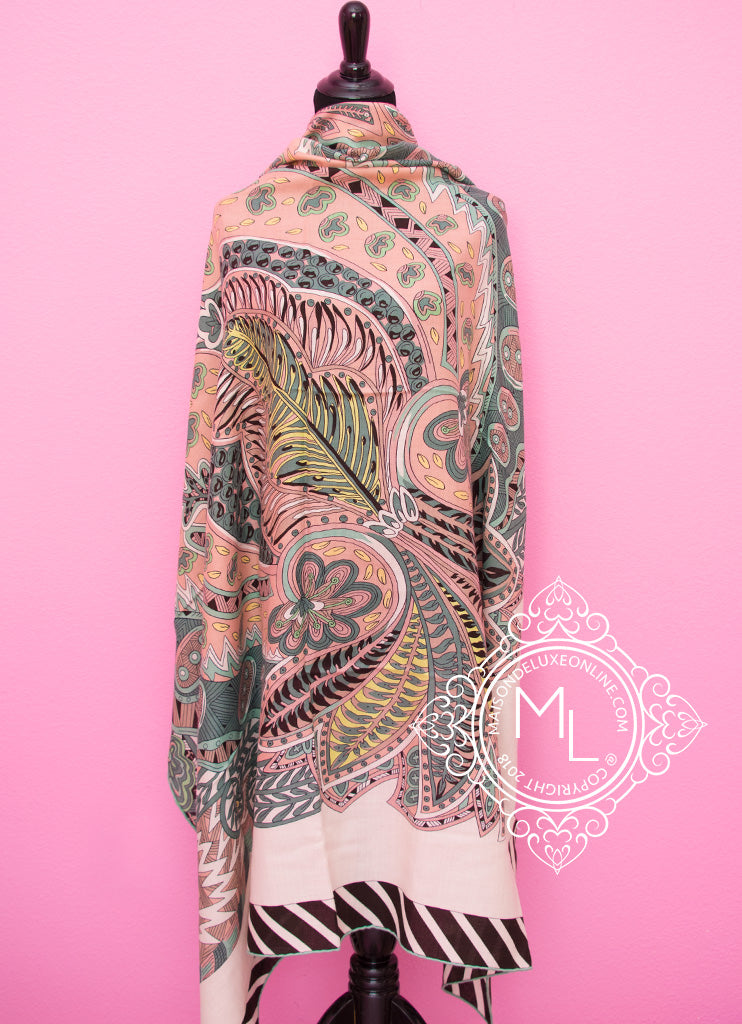Hermes Le Jardin de la Maharani Recadre Cashmere 140 GM Shawl Scarf - Luxury Soft Warm Wrap for Women, Perfect for Evening Events & Winter Fashion Accessories