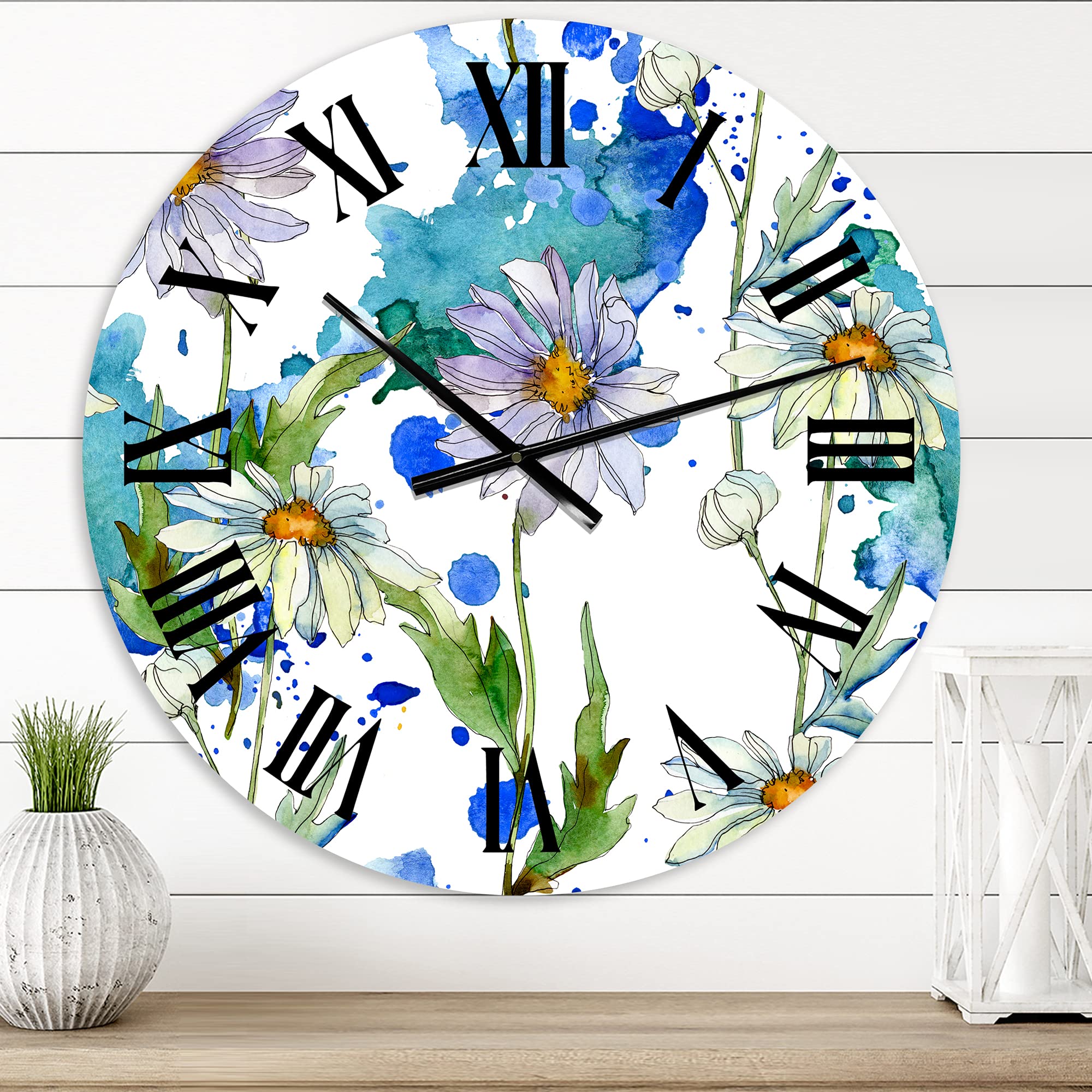 Large Floral Wall Clock - Daisies with Green Leaves II - Traditional Decorative Clock for Home, Office & Living Room Decor | Perfect for Farmhouse, Vintage & Botanical Themed Spaces