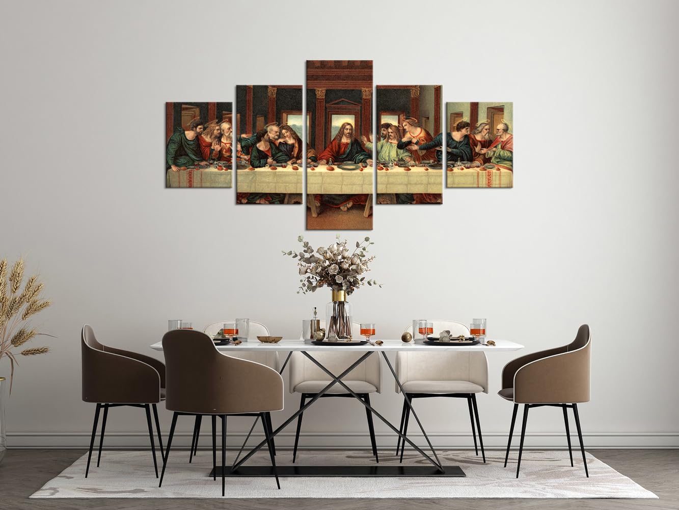 YOUHONG 5-Piece Last Supper Wall Art Set - Leonardo Da Vinci Inspired Religious Wall Decor - Jesus Pictures for Christian Home & Dining Room - Ready to Hang (70''W x 40''H) - Perfect for Church, Chapel & Faith-Based Interior Design