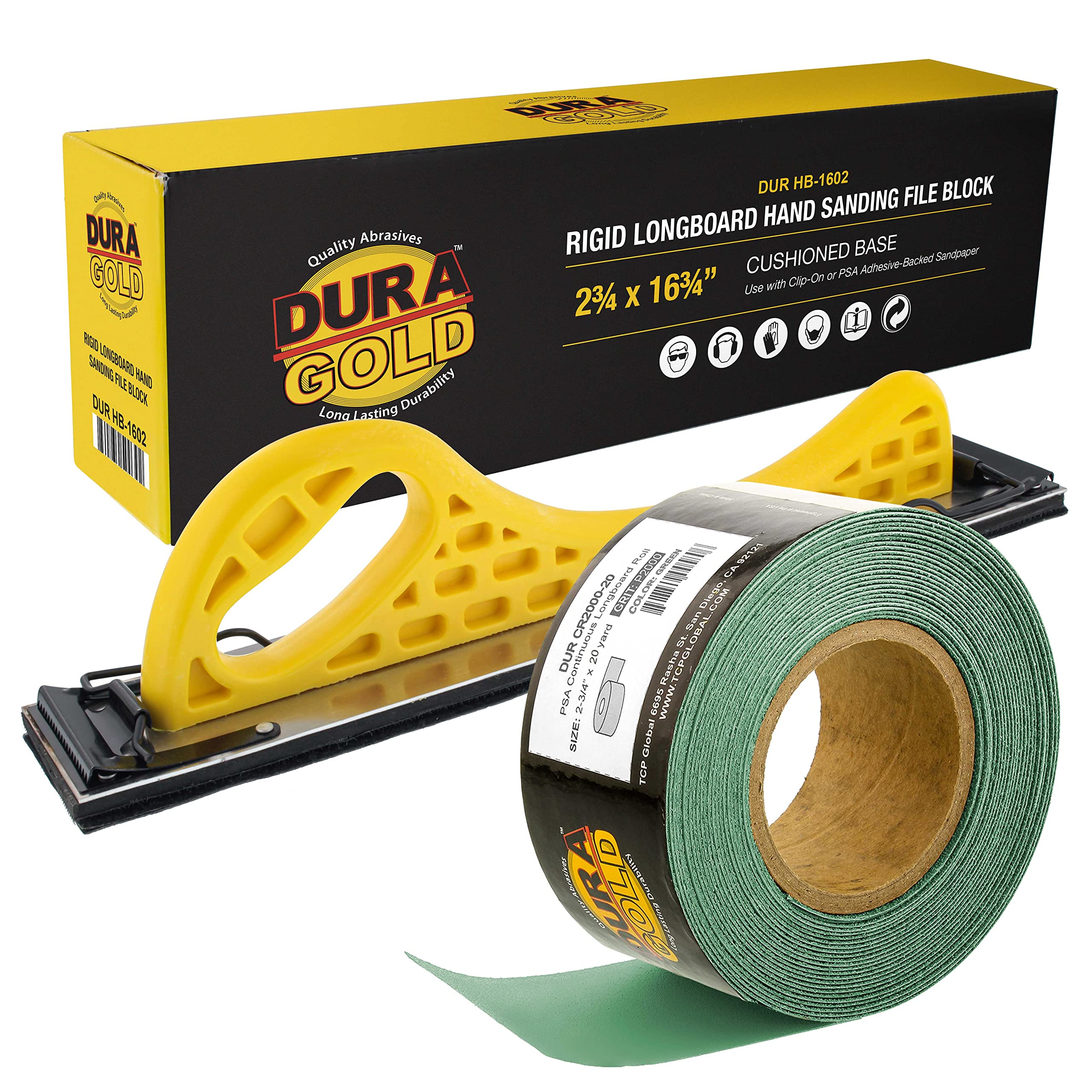 Dura-Gold Pro Series Longboard Hand Sanding File Sander Block - Hook & Loop Backing with PSA Adapter Pad & 2000 Grit Green Sandpaper Roll, 2-3/4