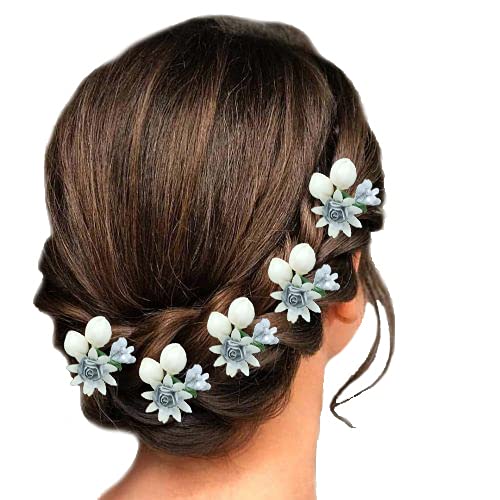 Artificial Small Rose Flower Hair Pins with Mogra - Bridal Wedding Hair Accessories for Women & Girls (Silver, Pack of 8) - Perfect for Weddings, Parties & Everyday Hairstyles